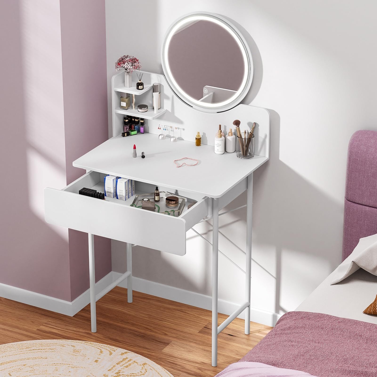 Rutaqian Schminktisch mit Spiegel und LED Beleuchtung,Verstellbare Helligkeit,Kosmetiktisch (1 x Schminktisch), Frisiertisch mit 1 Schubladen,2 Offenen Fächern,Modern,60 x 40x 126 cm