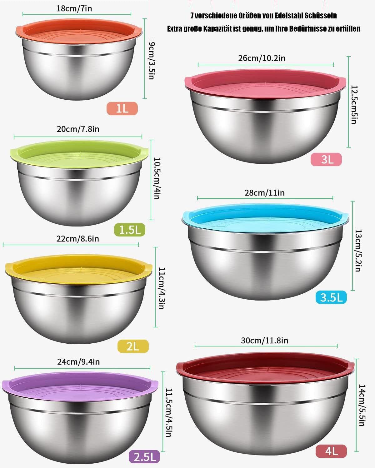 SinLaw Schüssel 7 Edelstahlschalen mit farbigen Deckeln, Salatschüssel, Rührschüssel, (Stapelbar, um Speicherplatz zu reduzieren), Geeignet zum Kochen auf einer Vielzahl von Kochfeldern