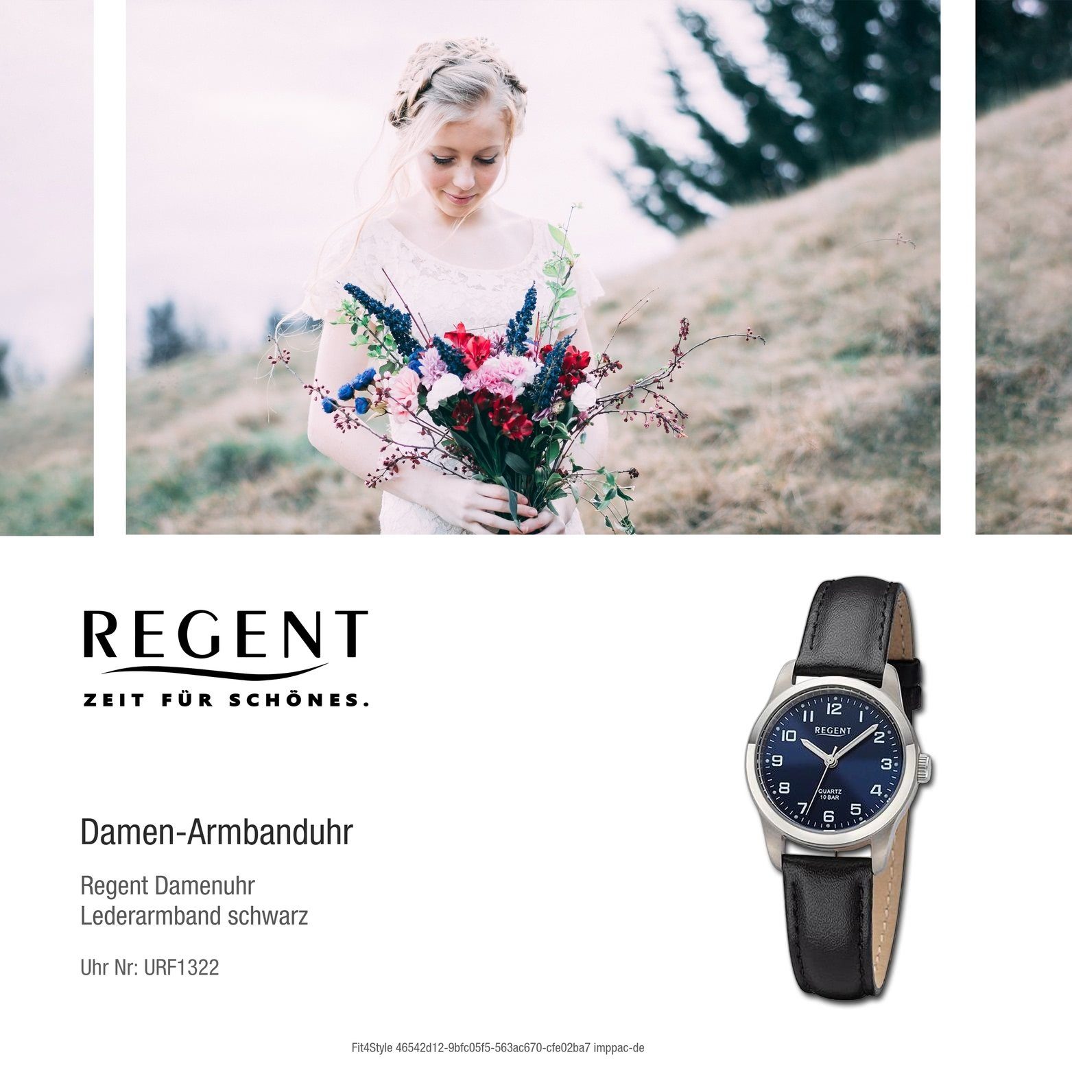 27mm) schwarz, Regent Gehäuse, Damenuhr Lederarmband extra Quarzuhr Armbanduhr groß rundes Analog, Damen Regent (ca.