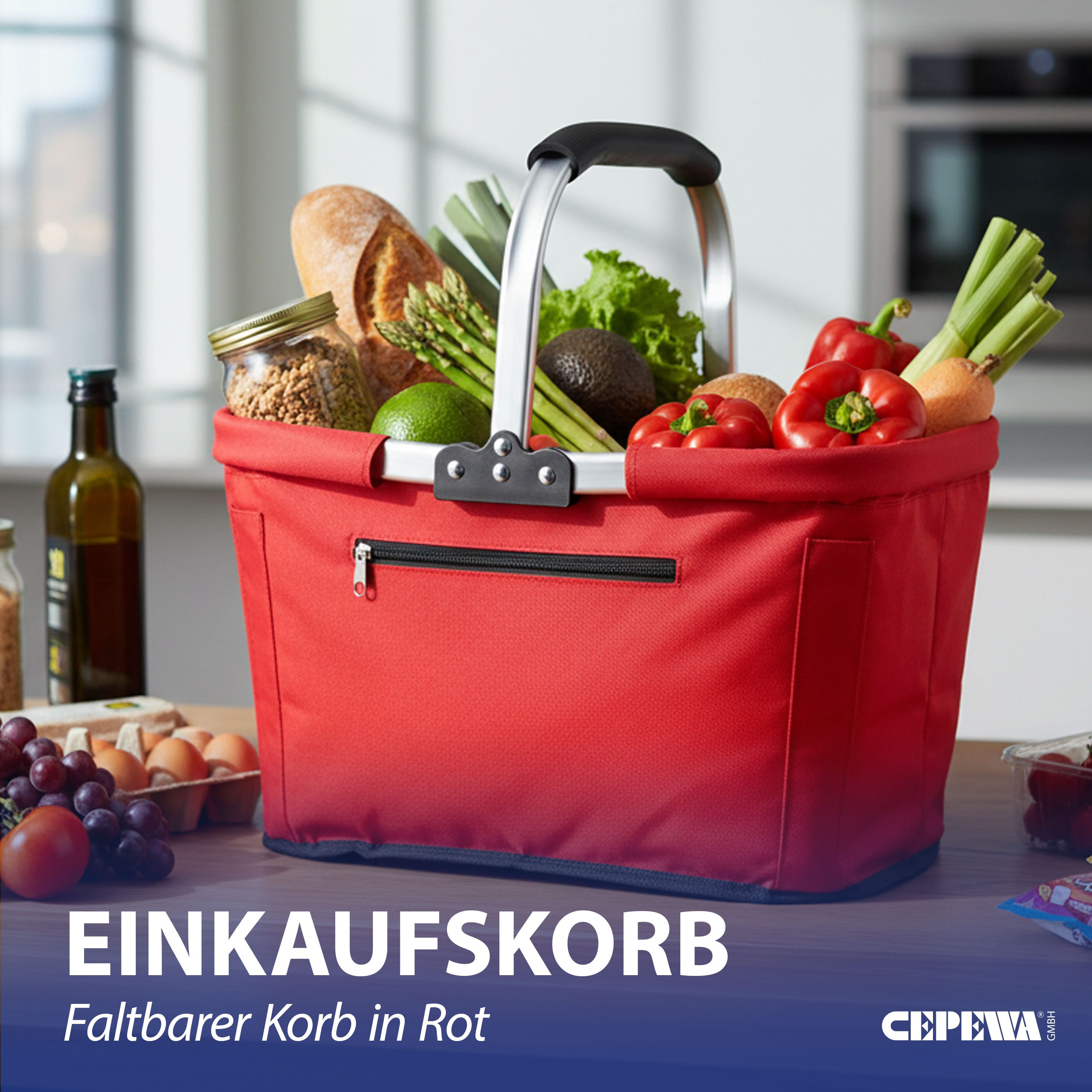 CEPEWA Einkaufskorb Einkaufskorb faltbar rot Alu Polyester 600D 42x40x28cm verstärkt Griff