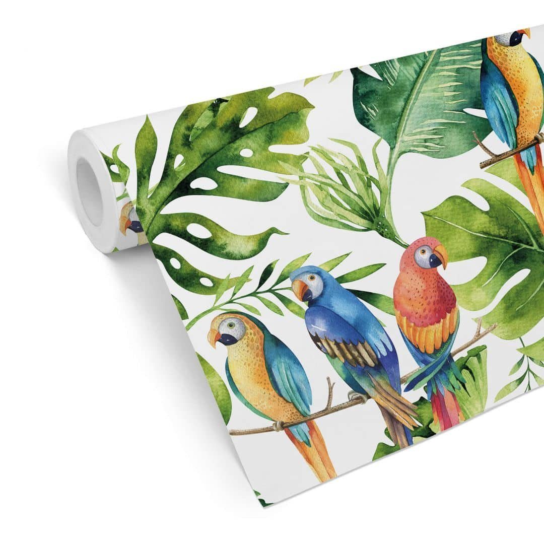 K&L Wall Art Mustertapete Wohnzimmer Papageien im Dschungel bunte Vliestapete Regenwald Vögel, Dschungeltiere Tapete