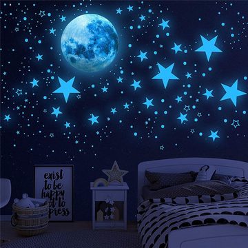 HYTIREBY Wandtattoo Leuchtsterne Selbstklebend Kinderzimmer Wandsticker, Leuchtsticker Wandtattoo, Mond und Sterne Fluoreszierend Wandaufkleber
