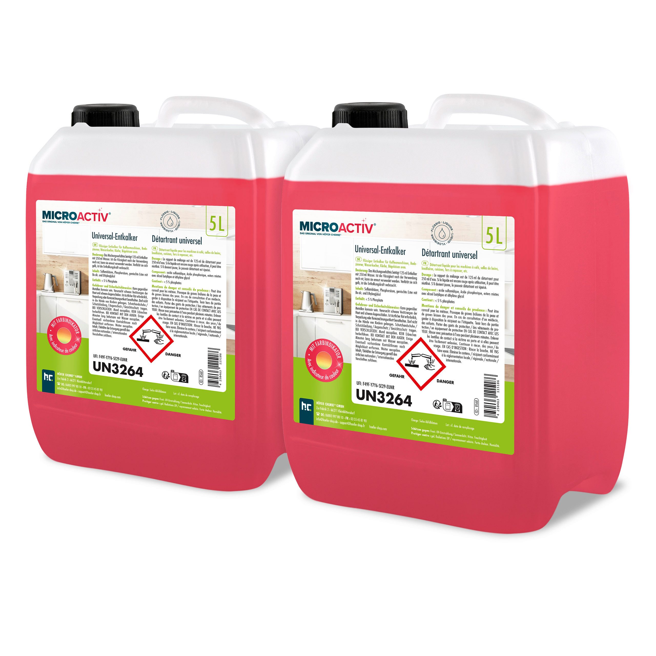 Höfer Chemie GmbH 2x 5 L Microactiv® Universal Entkalker mit Farbindikator Grundreiniger (Effektive Kalkentfernung mit Farbwechselanzeige)