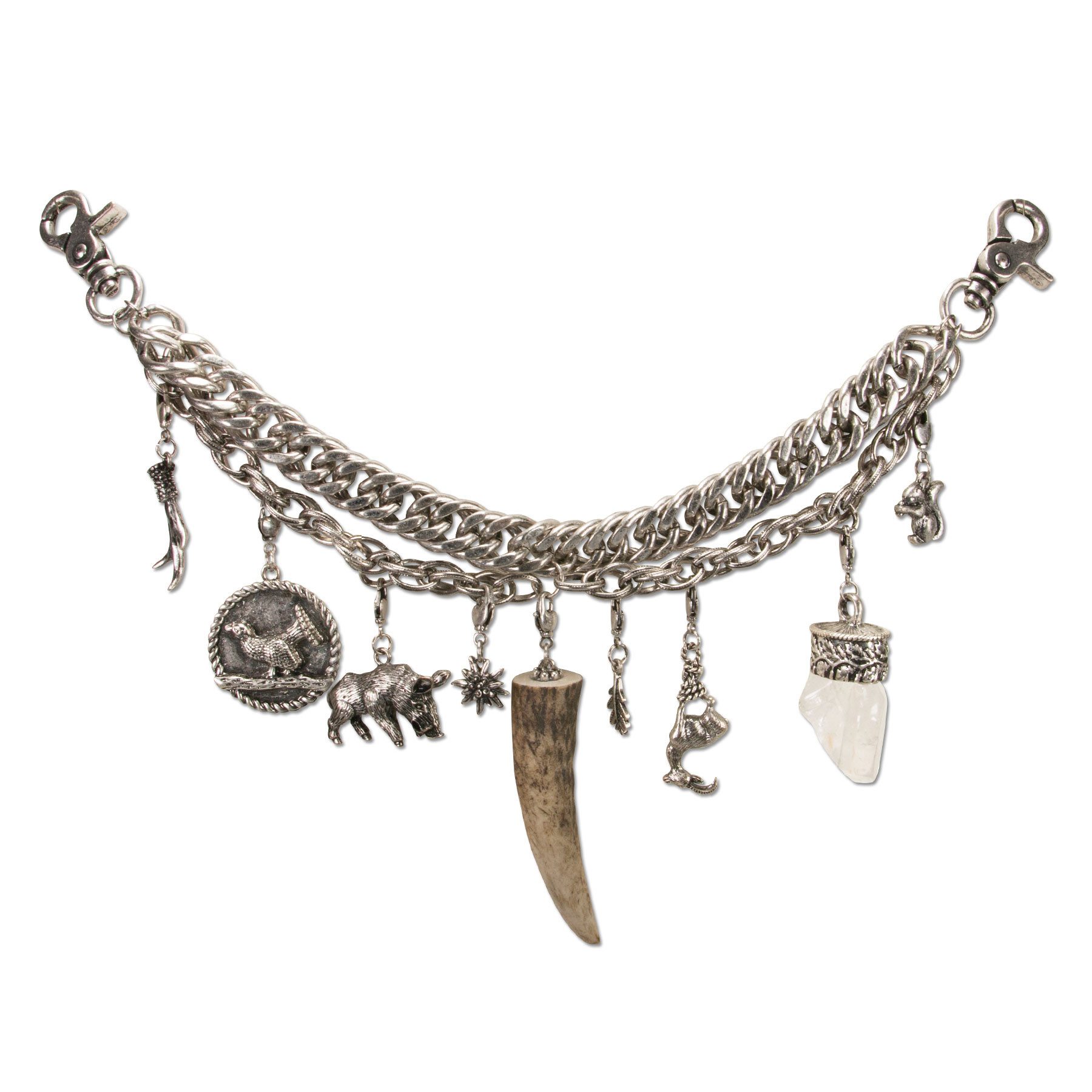 Alpenflüstern Kette mit Anhänger Trachten-Charivari Ludwig (antik-silber-farben), - Hochwertiger Herren-Trachtenschmuck mit Trophäen-Anhängern für die L