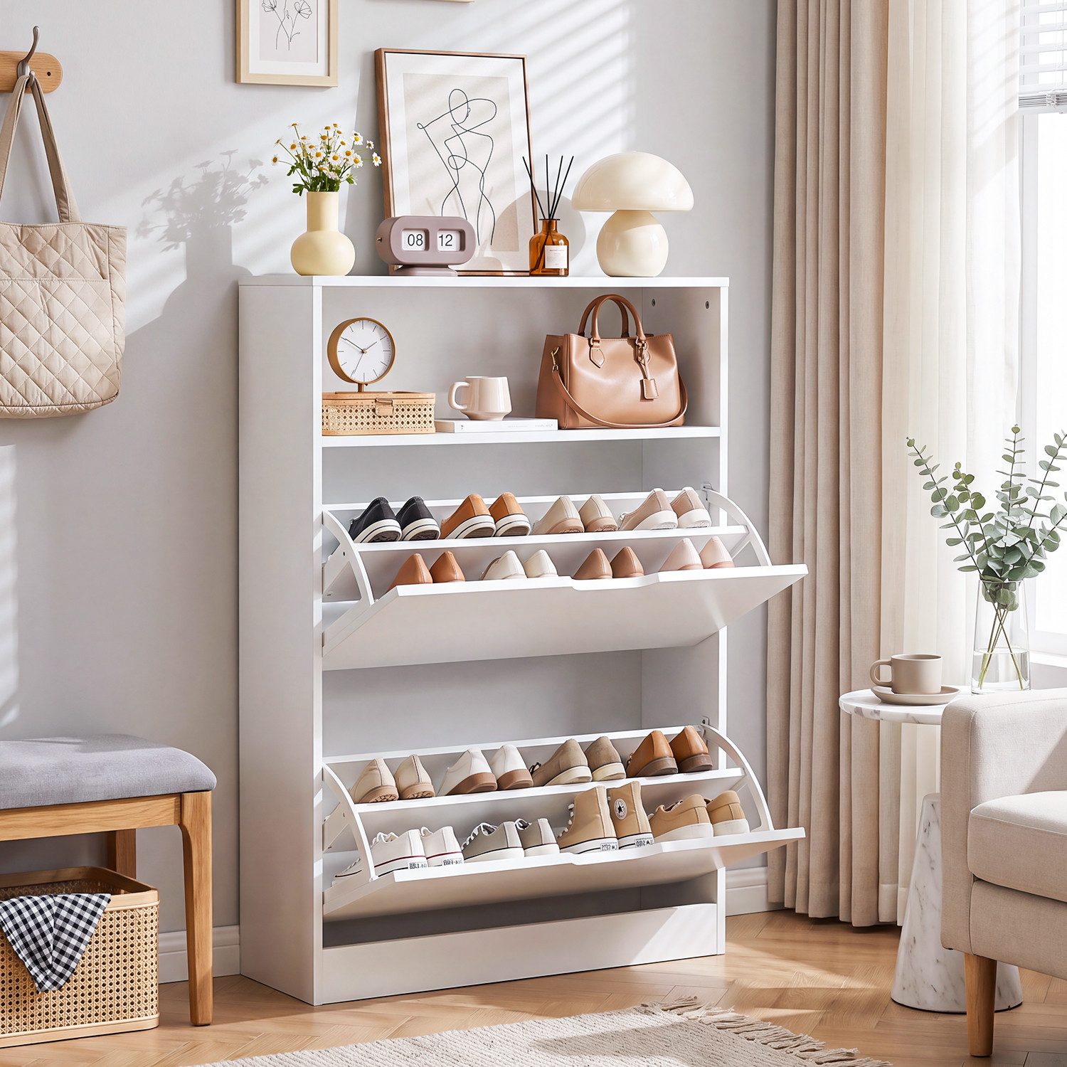 oyajia Schuhschrank Schuhregal mit 2 Klappen und offenes Fach (Trennwand verstellbar, für 9-12 Paar Schuhe, für 9-12 Paar Schuhe) Flur, Diele, Wohnzimmer, Schlafzimmer, 60 x 101.5 x 24 cm (B x H x T)