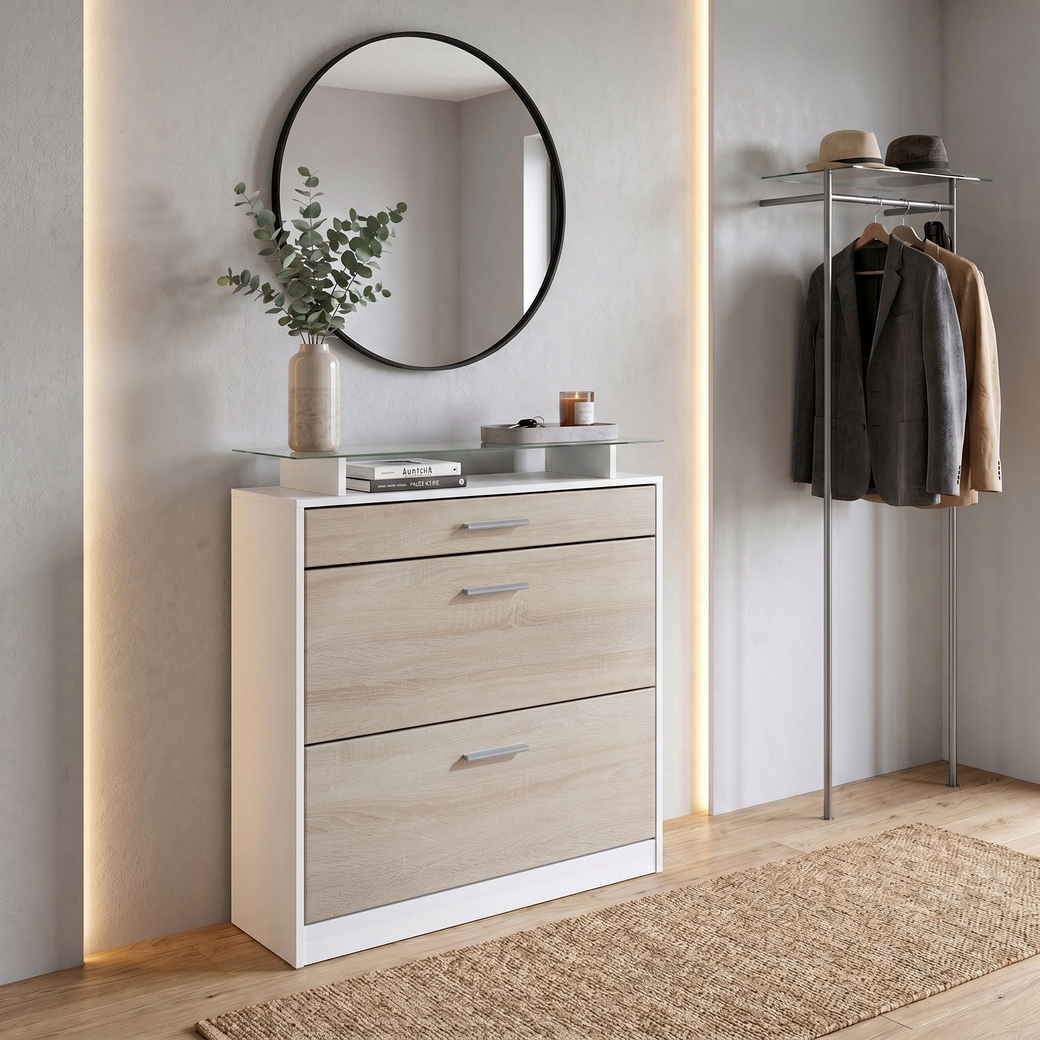 Vladon Schuhschrank Loret (hängender Schuhkipper für 16 Paar Schuhe, mit 2 Klappen und 1 Schublade und Glasablage) Weiß matt/Eiche sägerau (89 x 104 x 23 cm)