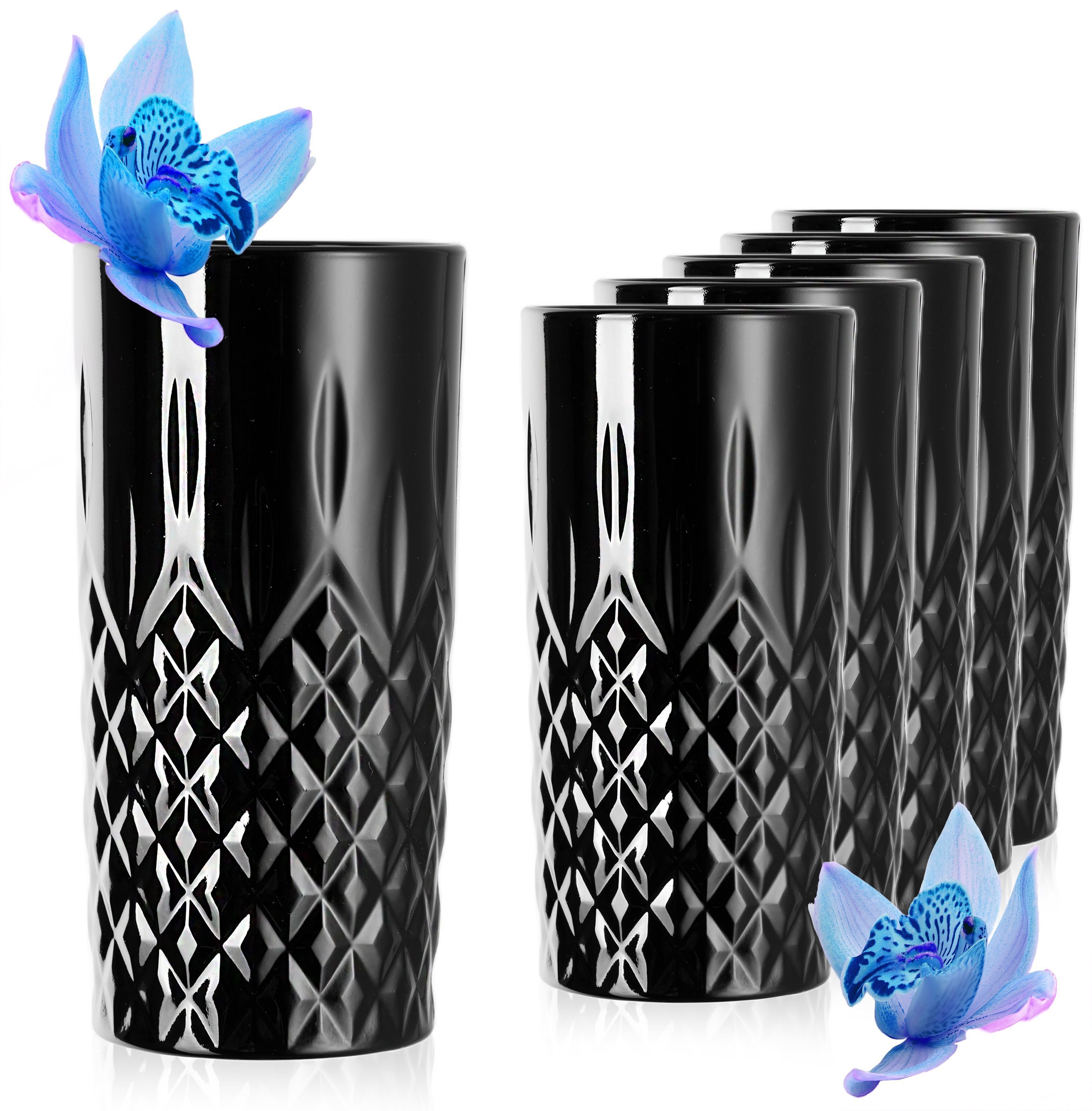 PLATINUX Glas Schwarze Longdrinkgläser mit Diamant Muster, Glas, 300ml  (max. 350ml) Wassergläser Trinkglas Bargläser hoch