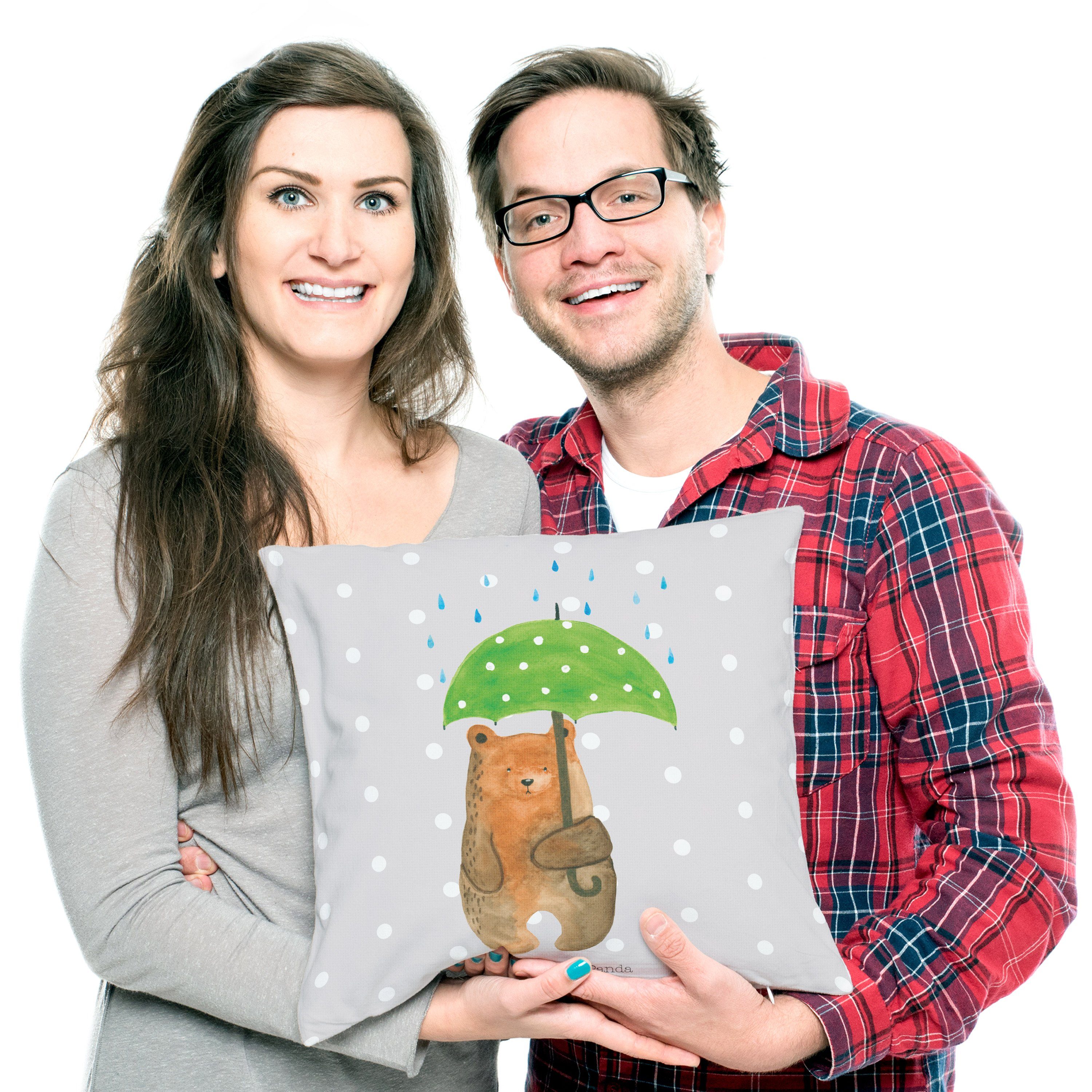 Mr. & Mrs. - Dekokissen Bär mit Geschenk, Regenschirm - Liebeskummer, Kissenhü Grau Panda Pastell