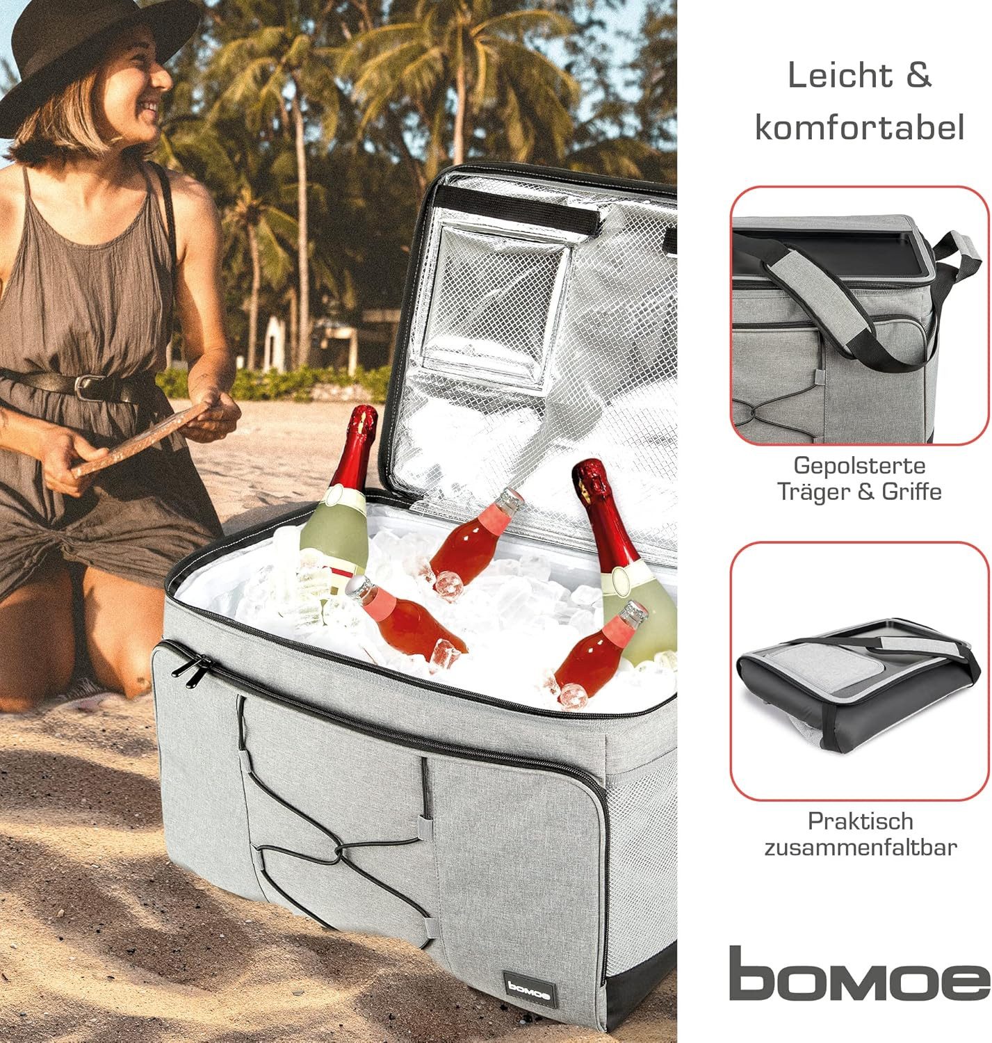 bomoe Kühltasche 45 Liter Kühltasche faltbar IceBreezer, Grau, Outdoor Rucksack mit 16h Kühlfunktion