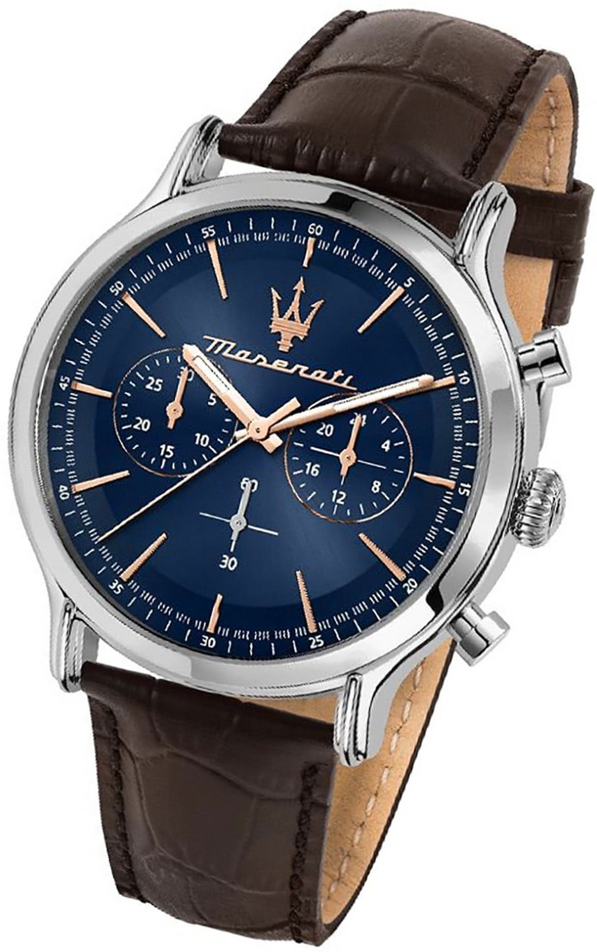 MASERATI Chronograph Maserati Leder Armband-Uhr, Herrenuhr Lederarmband, rundes Gehäuse, groß (ca. 42mm) blau