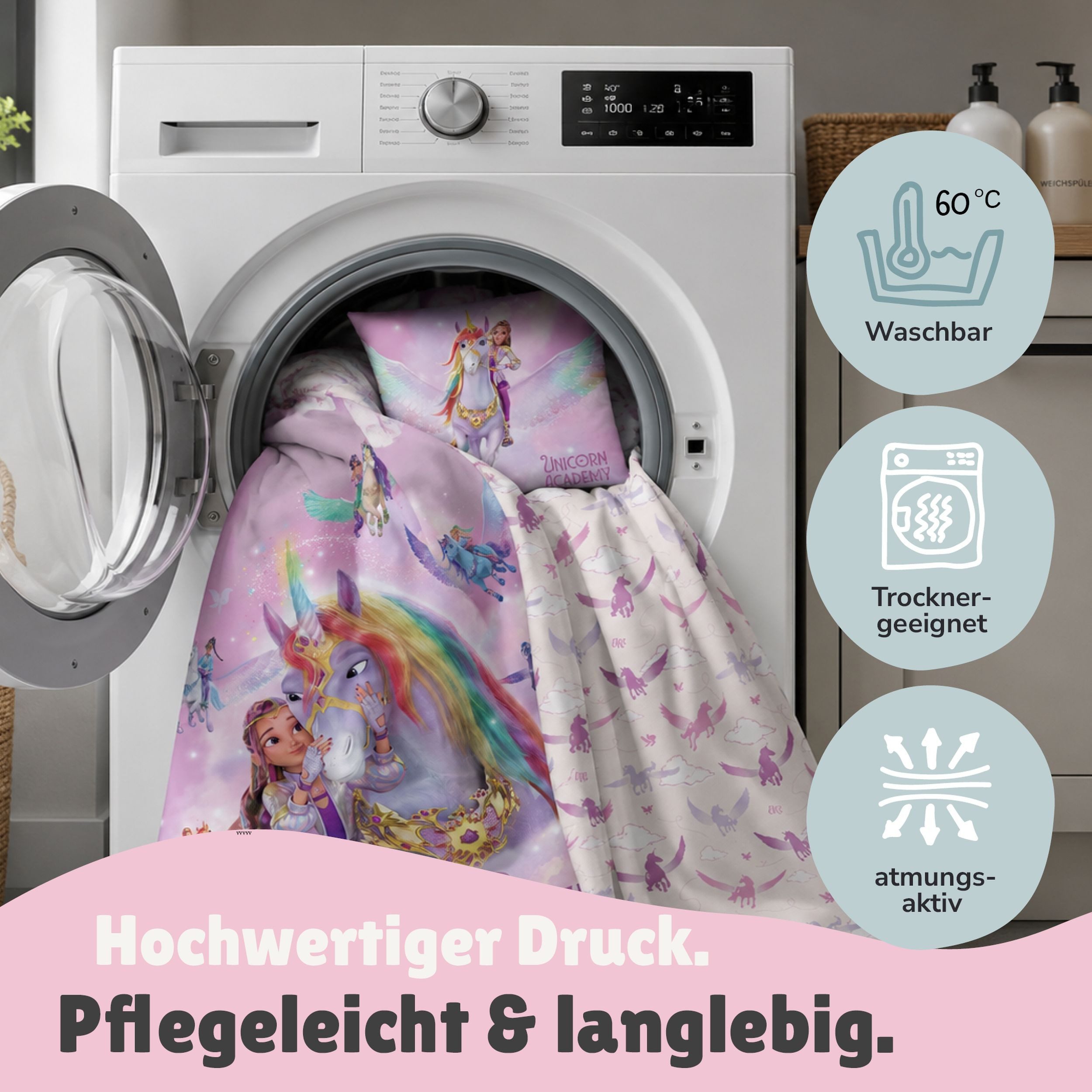 Familando Kinderbettwäsche Unicorn Academy, 100% Baumwolle, Rosa Violett mit Einhorn für Mädchen, Renforcé, 2 teilig, 135x200 80x80cm mit Reißverschluss, Wendeb – Bild 5 von 5
