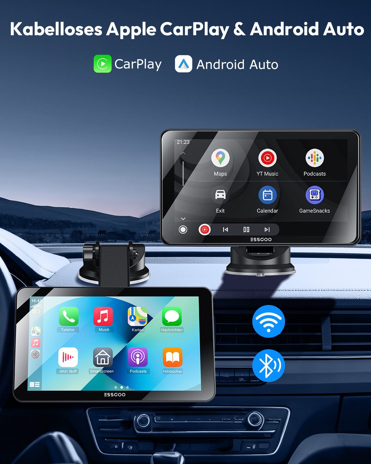ESSGOO Kabelloses Apple Carplay & Android Auto, 7-Zoll CarPlay Display Navigationsgerät (Autoradio Bluetooth Sprachsteuerung)