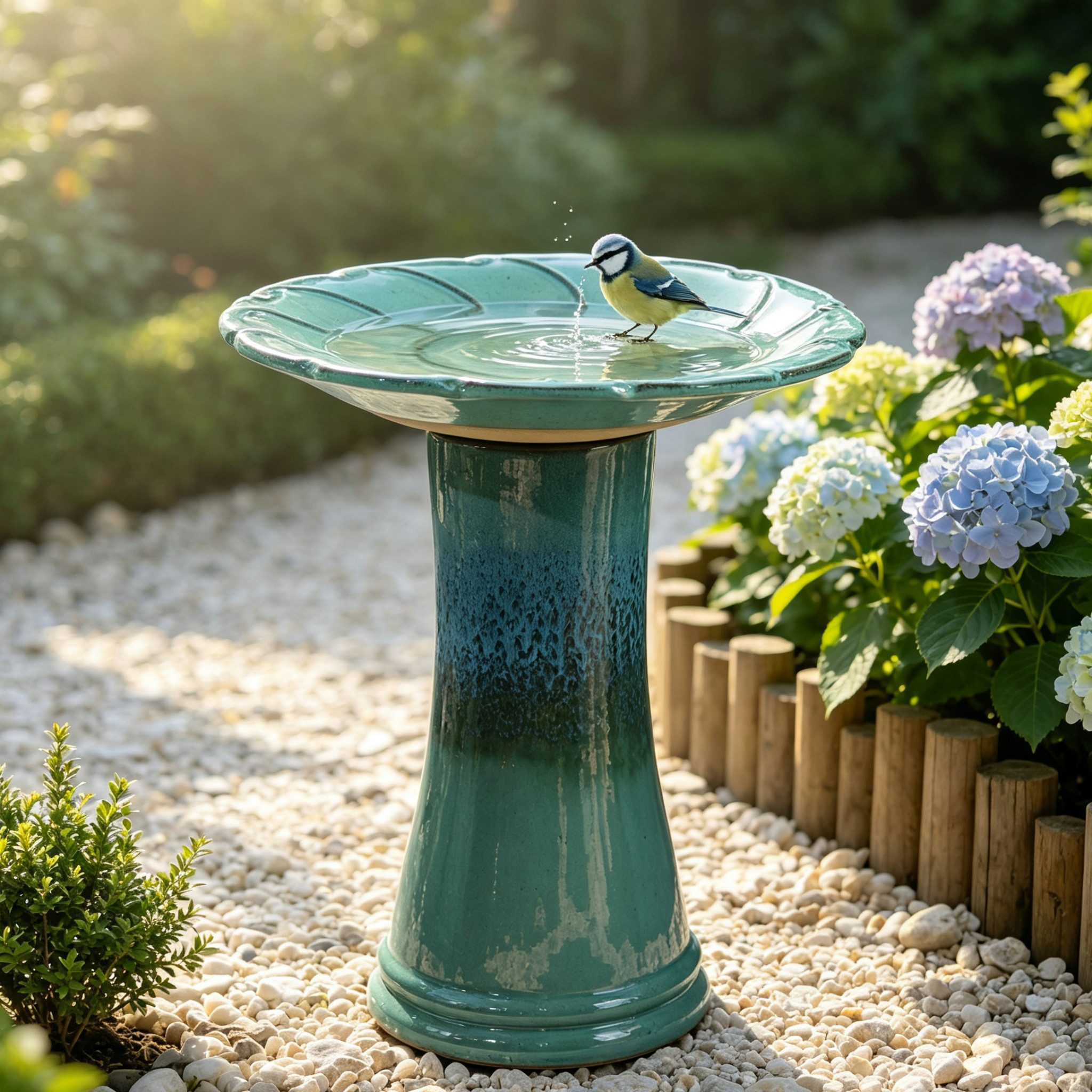 Blossom Vogeltränke Keramik Vogelbad Ø43 cm mit Blattrelief, frostfeste Vogeltränke, Vogelbecken Handgefertigte Gartendekoration mit Türkis-Glasur