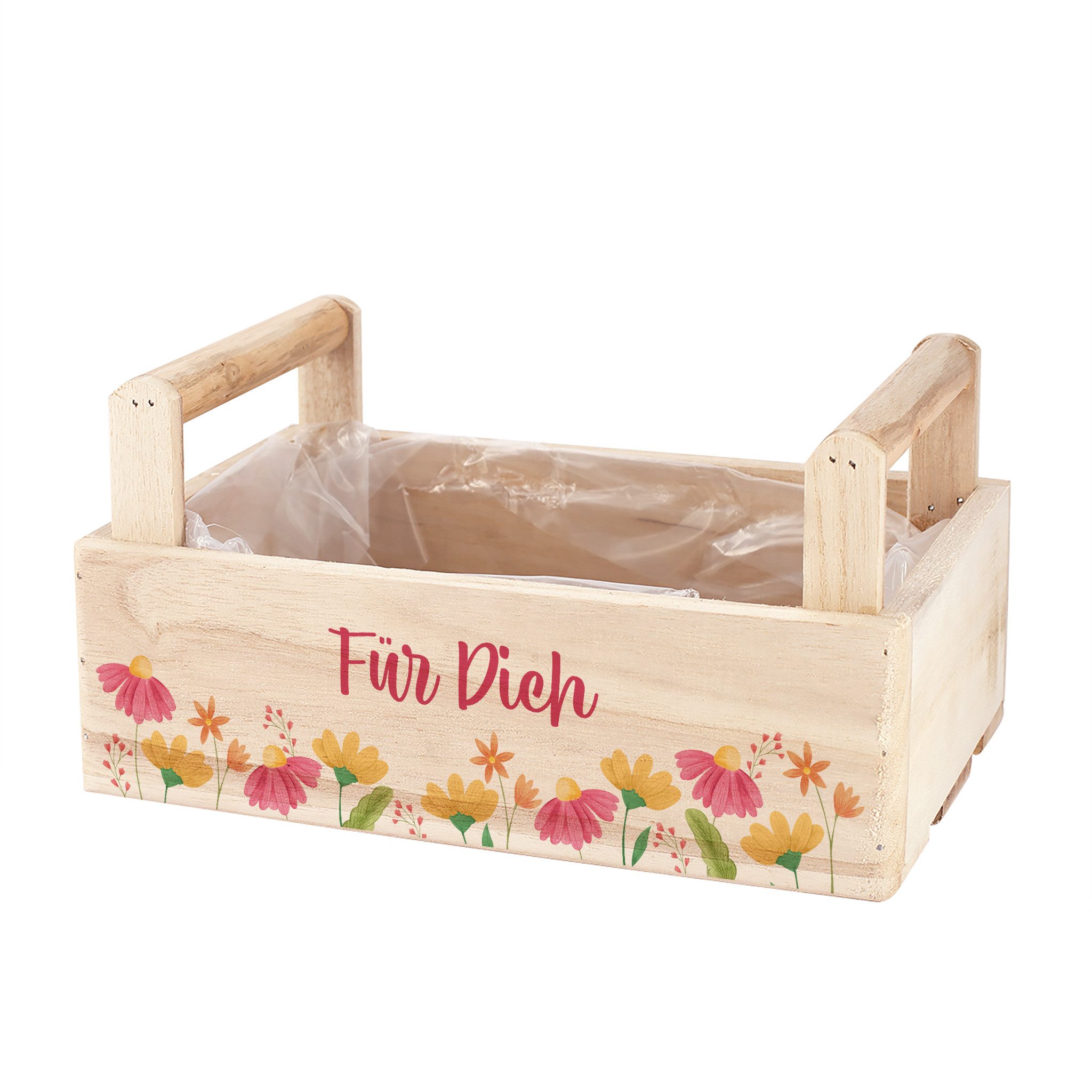 Herz & Heim Geschenkbox aus Holz - Geschenkkorb mit Blumen Motiv als Geschenkverpackung, mit Holzgriffen