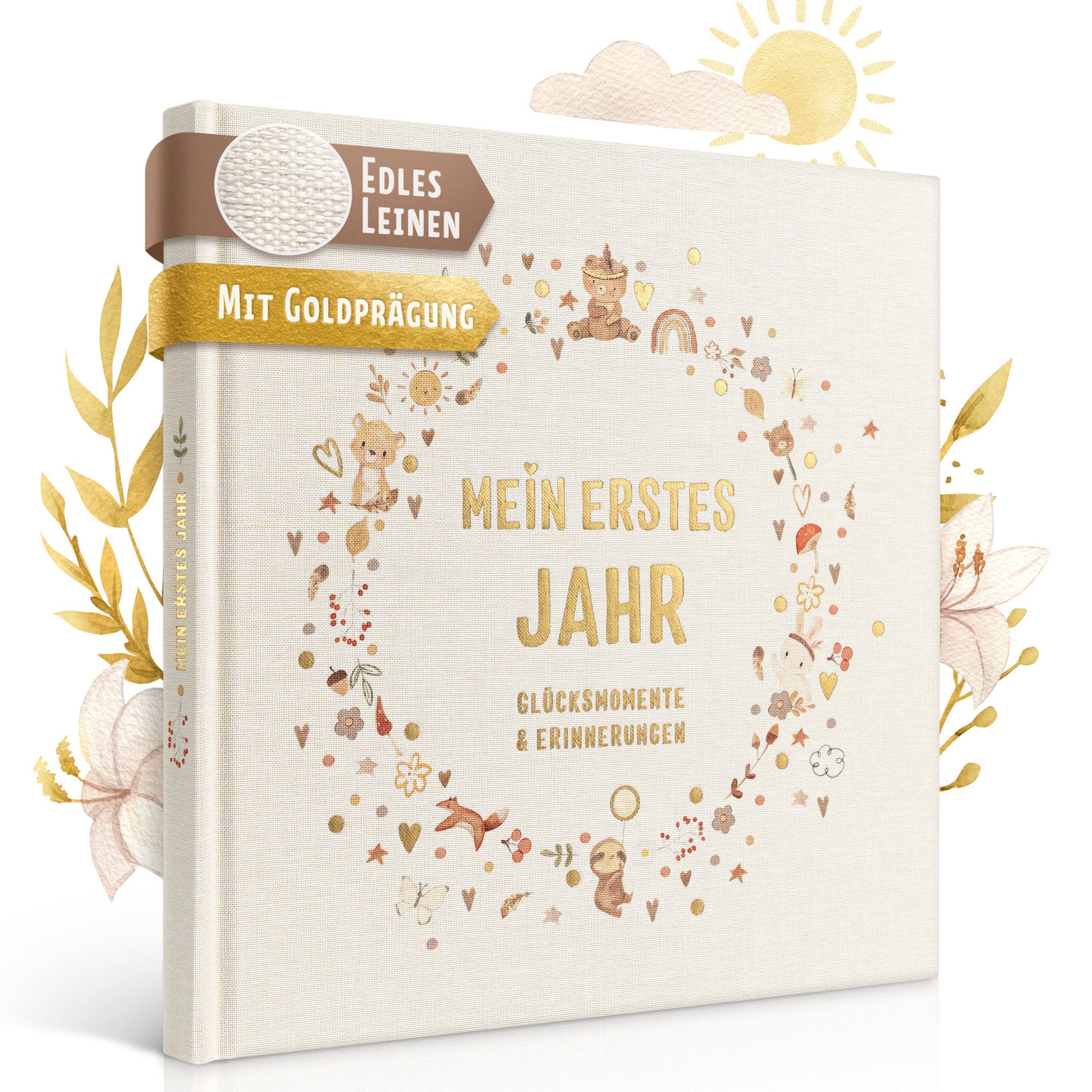 Eulentaler Tagebuch I Babyalbum mein erstes Jahr I Mit Leinen & Goldprägung, im Boho Stil, mit handgemalte Illustrationen & allen Meilensteinen