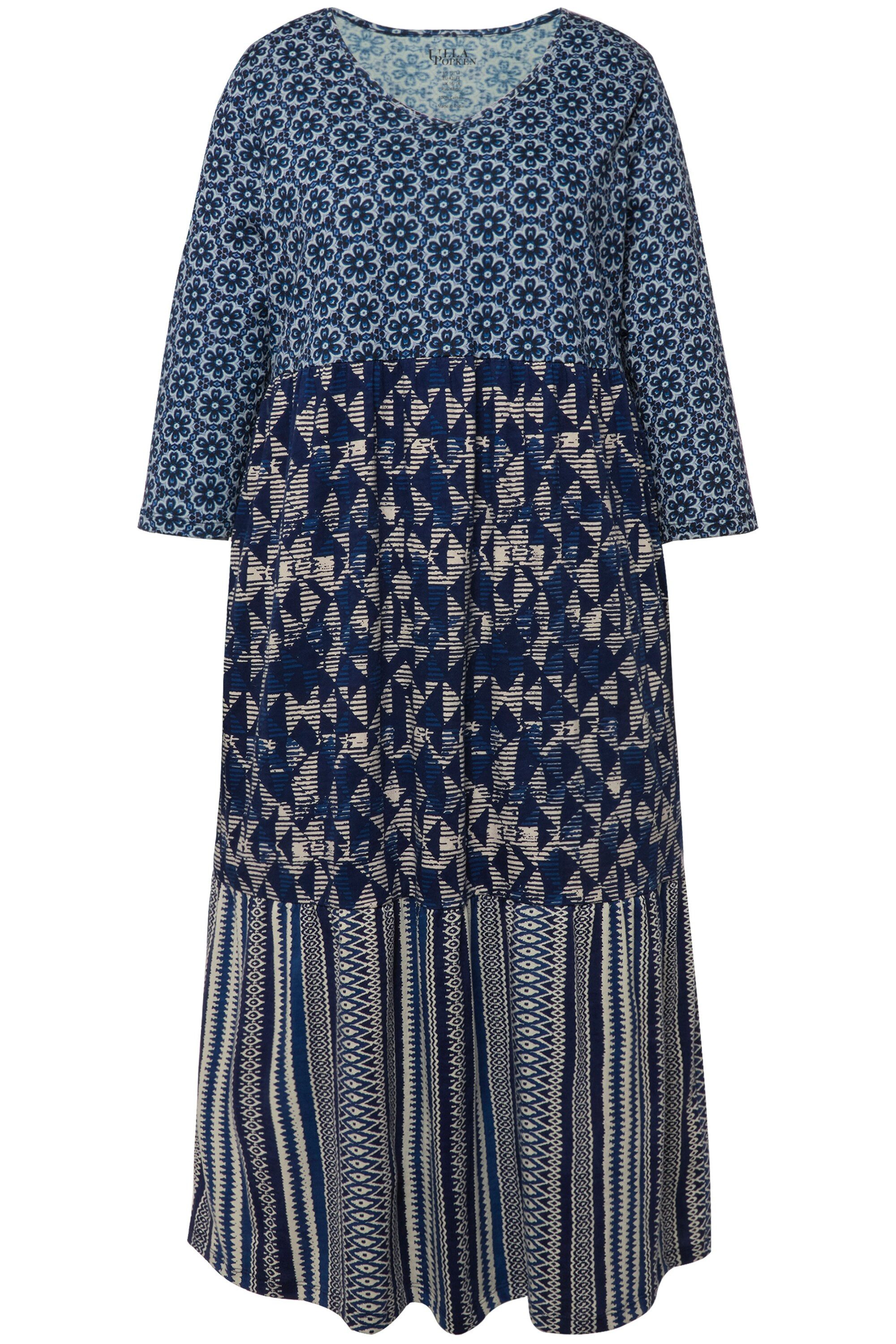 Maxikleid Jerseykleid Mustermix A-Linie V-Ausschnitt 3/4-Arm