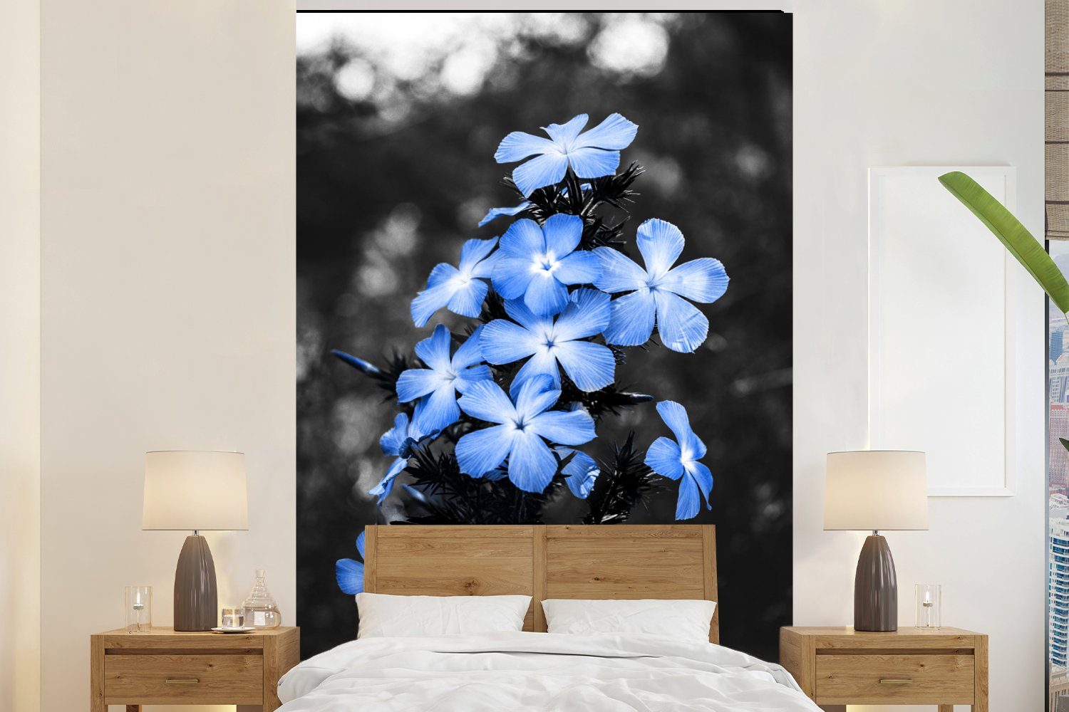 MuchoWow Fototapete Blumen - Schwarz - Weiß - Blau, Matt, bedruckt, (3 St), Montagefertig Vinyl Tapete für Wohnzimmer, Wandtapete