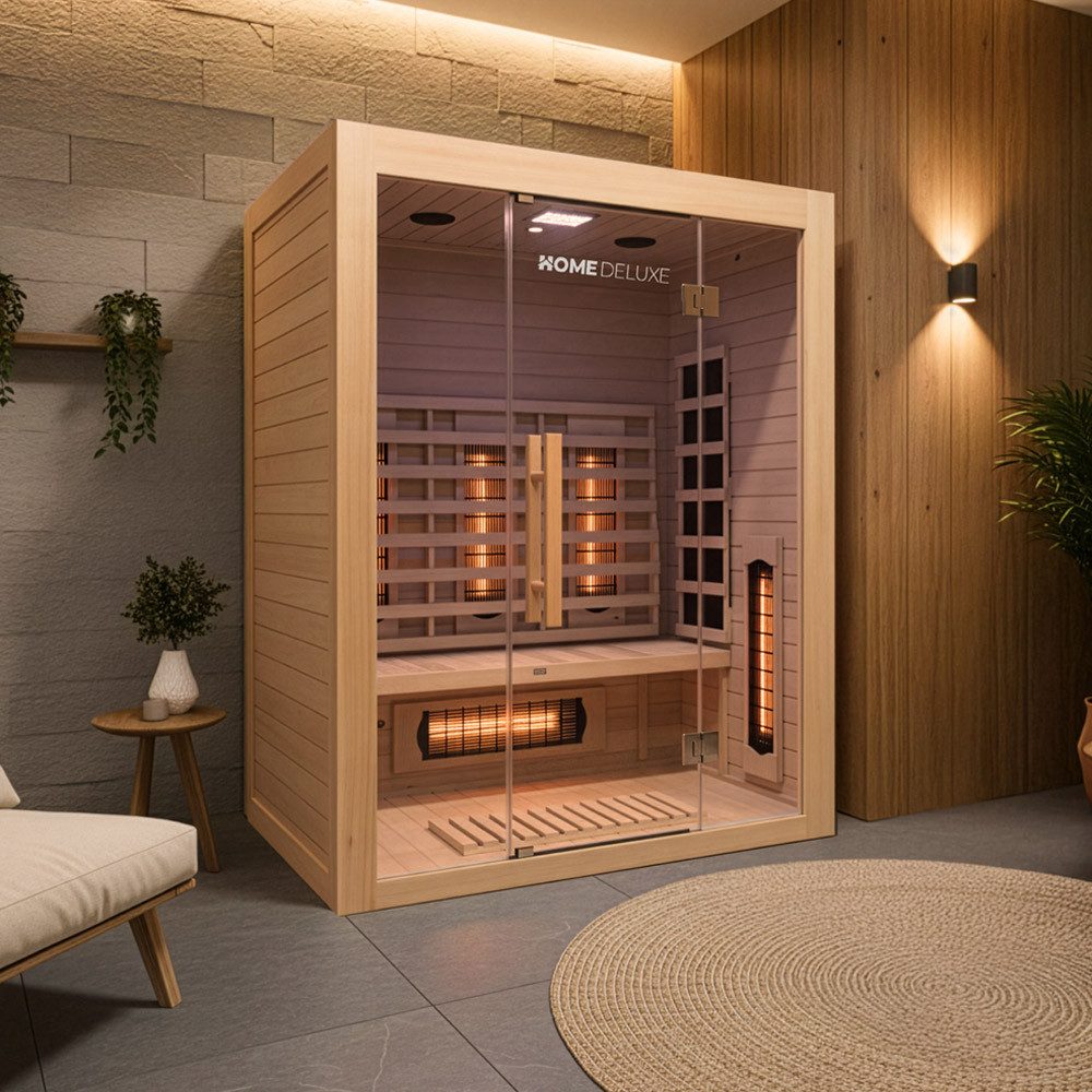 HOME DELUXE Infrarotkabine SAHARA L mit Vollspektrumstrahler, BxTxH: 150 x 120 x 190 cm, (Komplettset) 6 Vollspektrumstrahler, Hemlock-Holz, für 3 Personen I Infrarotsauna