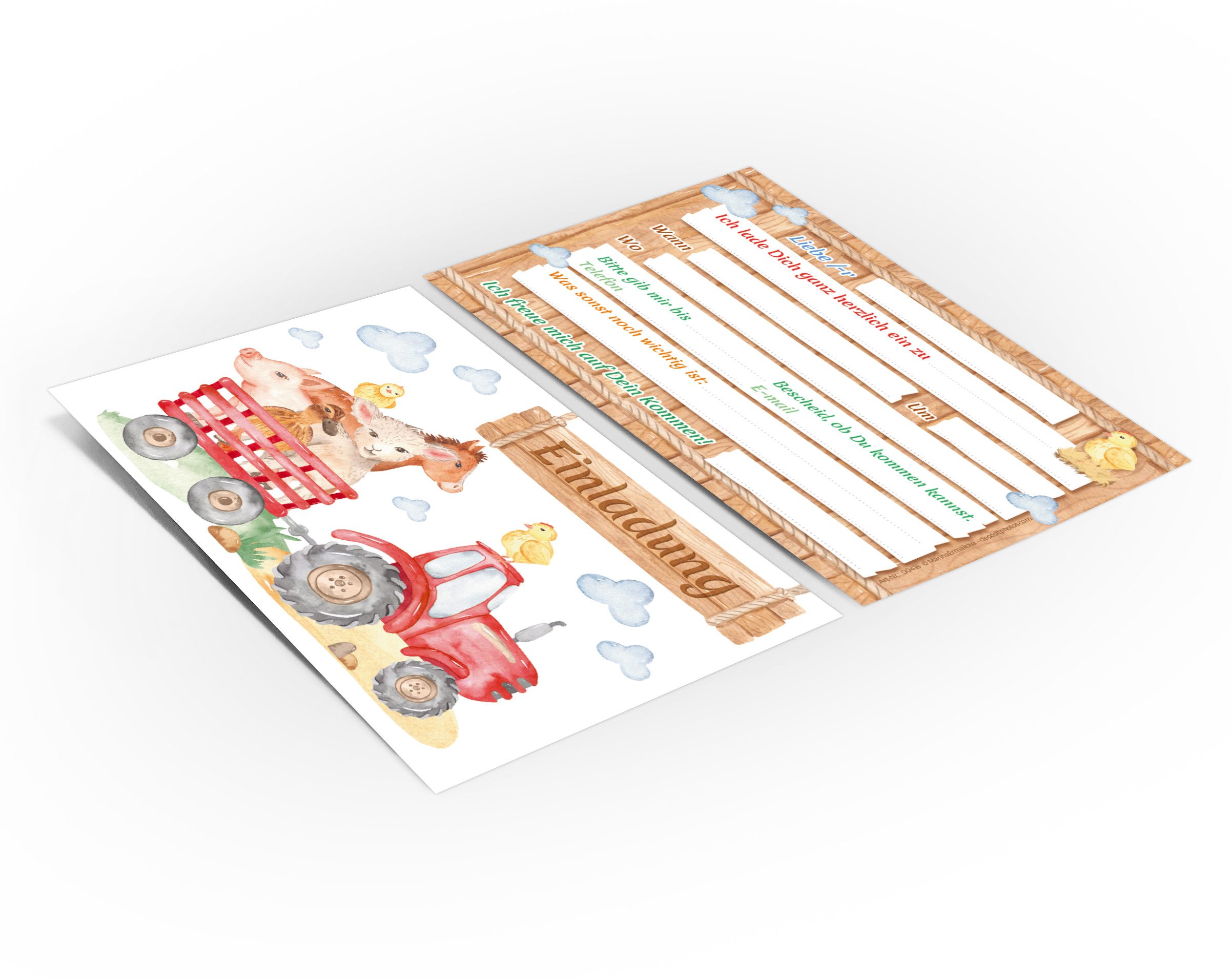 JUNAPACK Einladungskarten Bauernhof Party Einladungen zum Kindergeburtstag Traktor Karten, Einladungskarten mit Bauernhof Motiv für Kinder