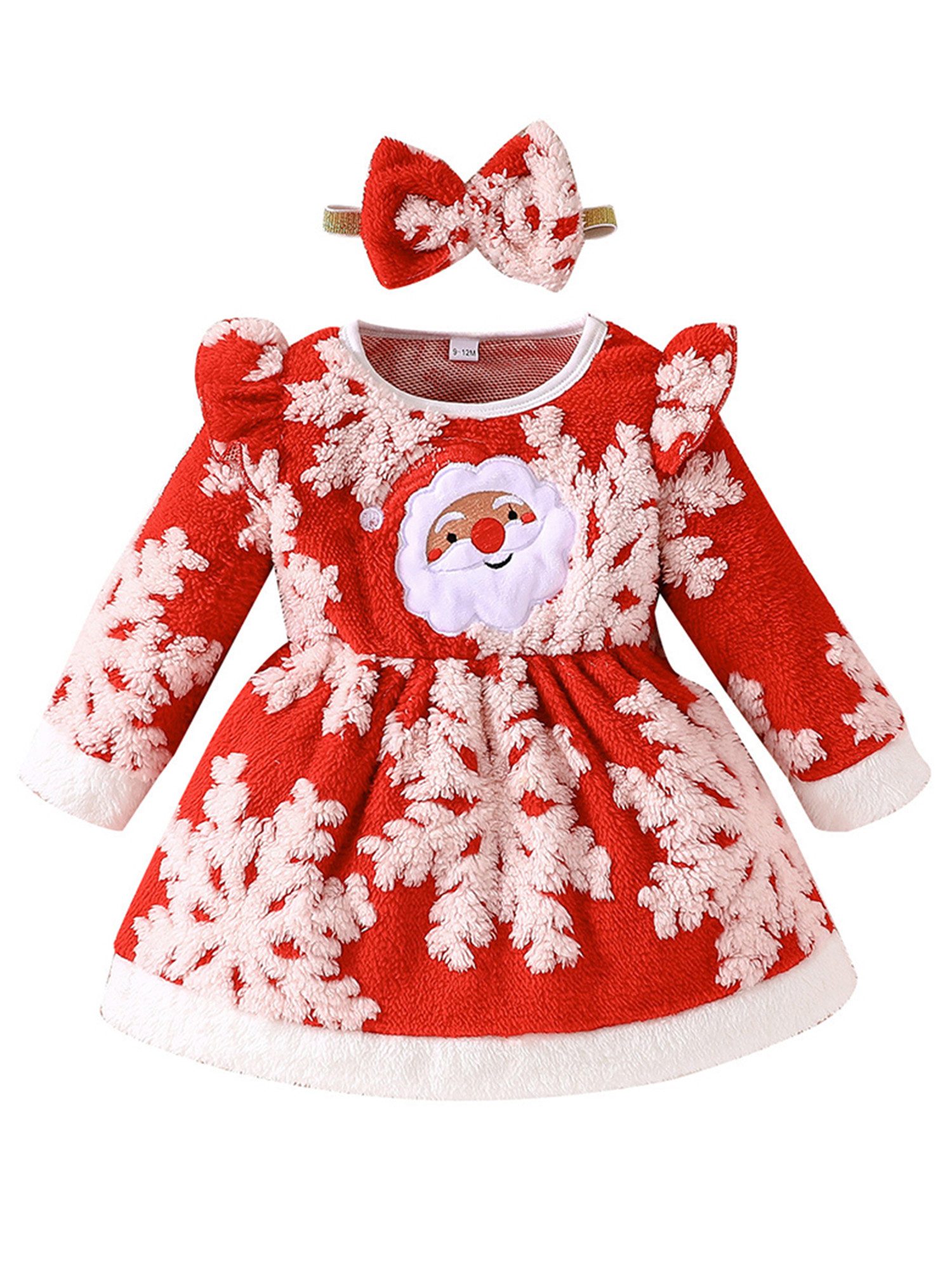 Gluckids Partykleid Weihnachten Baby-Mädchen-Set Plüsch Langarmkleid Partykleid +Stirnband (2-tlg) Printed Midikleid Weihnachtskleid Winterkleid Fleece A-Line-Kiled