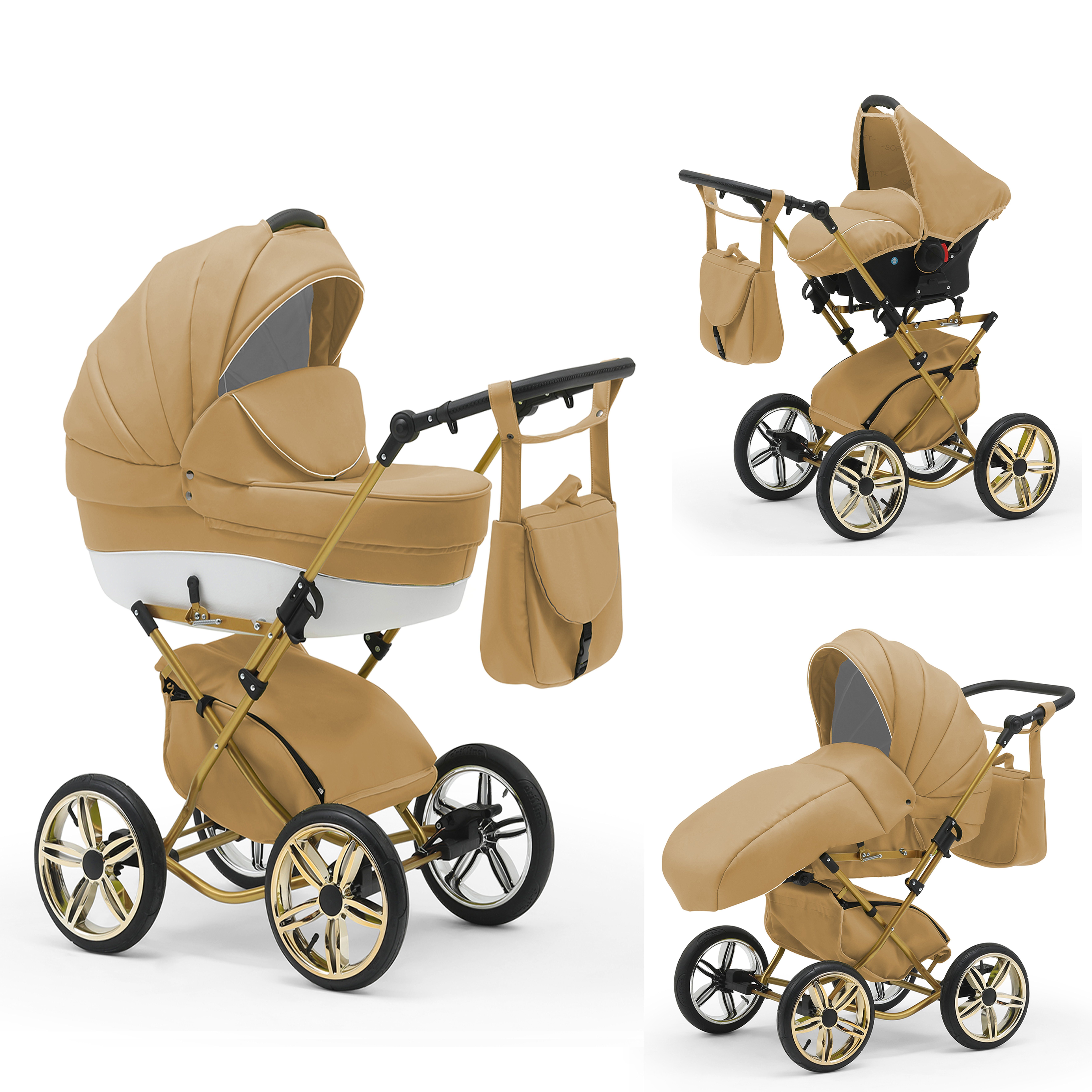 babies-on-wheels Kombi-Kinderwagen Sorento 3 in 1 inkl. Autositz - 13 Teile - in 10 Designs Beige-Weiß | Kombikinderwagen