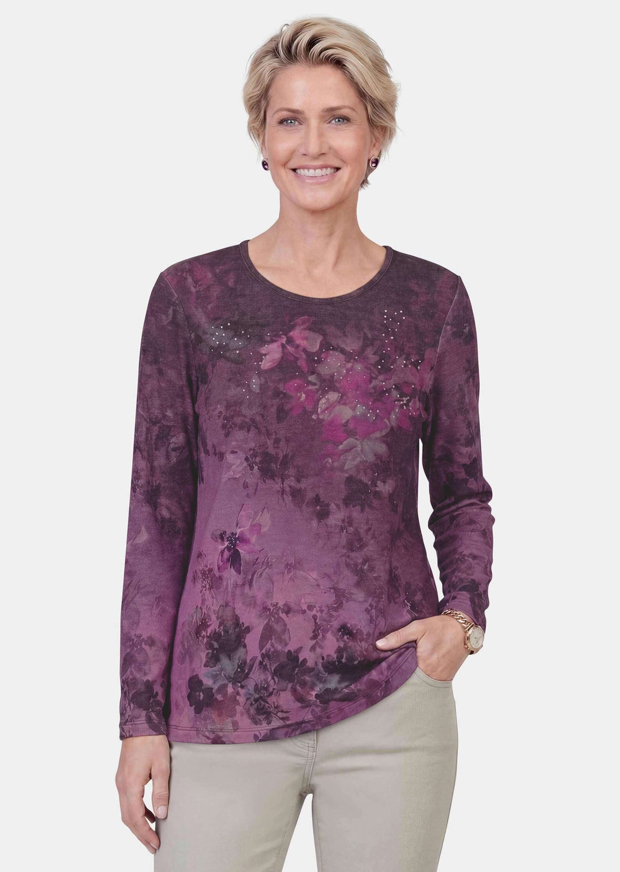 GOLDNER Langarmshirt Jerseyshirt mit Blütenranken Flauschiges Langarmshirt mit Glitzersteinen, Rundhals