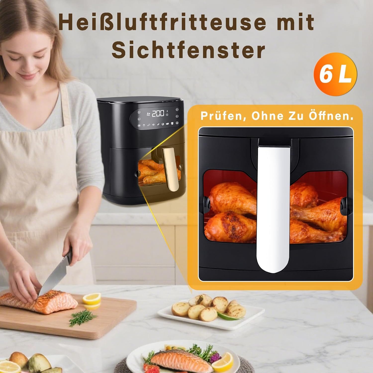 ZMH Heißluftfritteuse 6L Airfryer Einzelkorb Sichtfenster - 7 Garprogramme 11 Funktionen, 1500 W