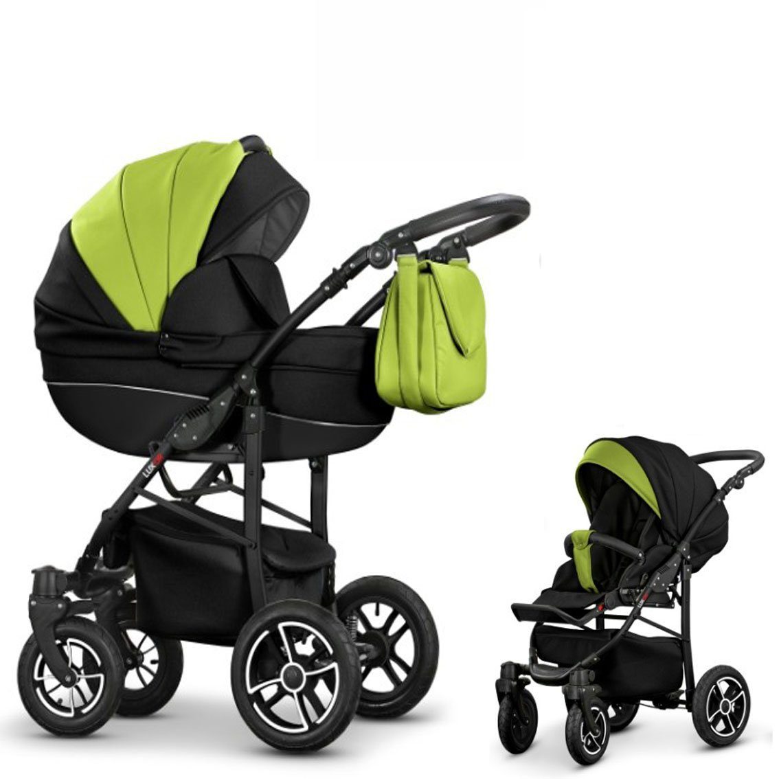 babies-on-wheels Kombi-Kinderwagen 2 in 1 Cosmo in Kunstleder 16 Farben - - Schwarz-Grün ECO 13 Teile Kinderwagen-Set