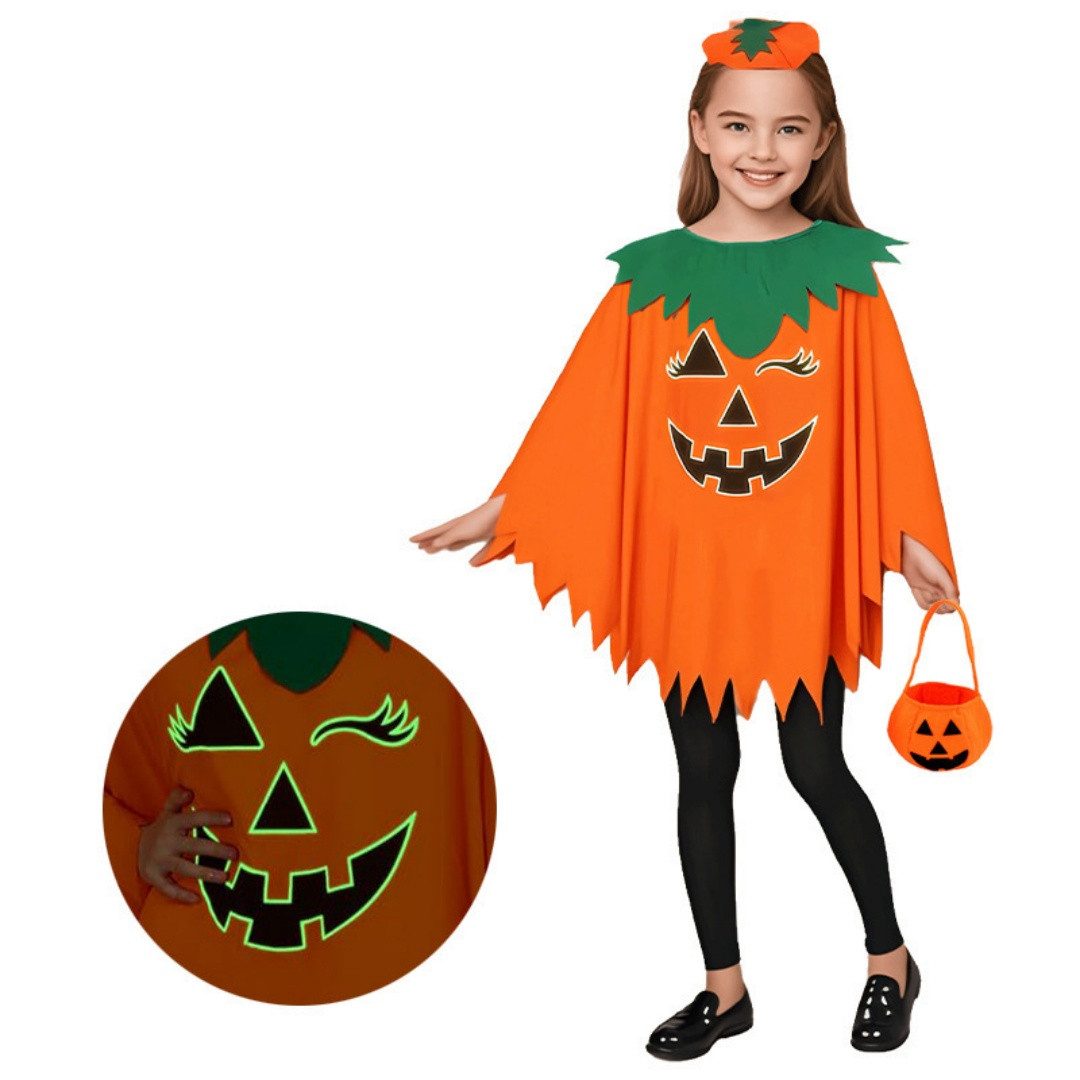 nsihing Kostüm Kürbis Umhang Kinder Erwachsene mit Kürbishut Tasche, Unisex Halloween Kürbis Kostüm für Karneval Cosplay Party Kleid