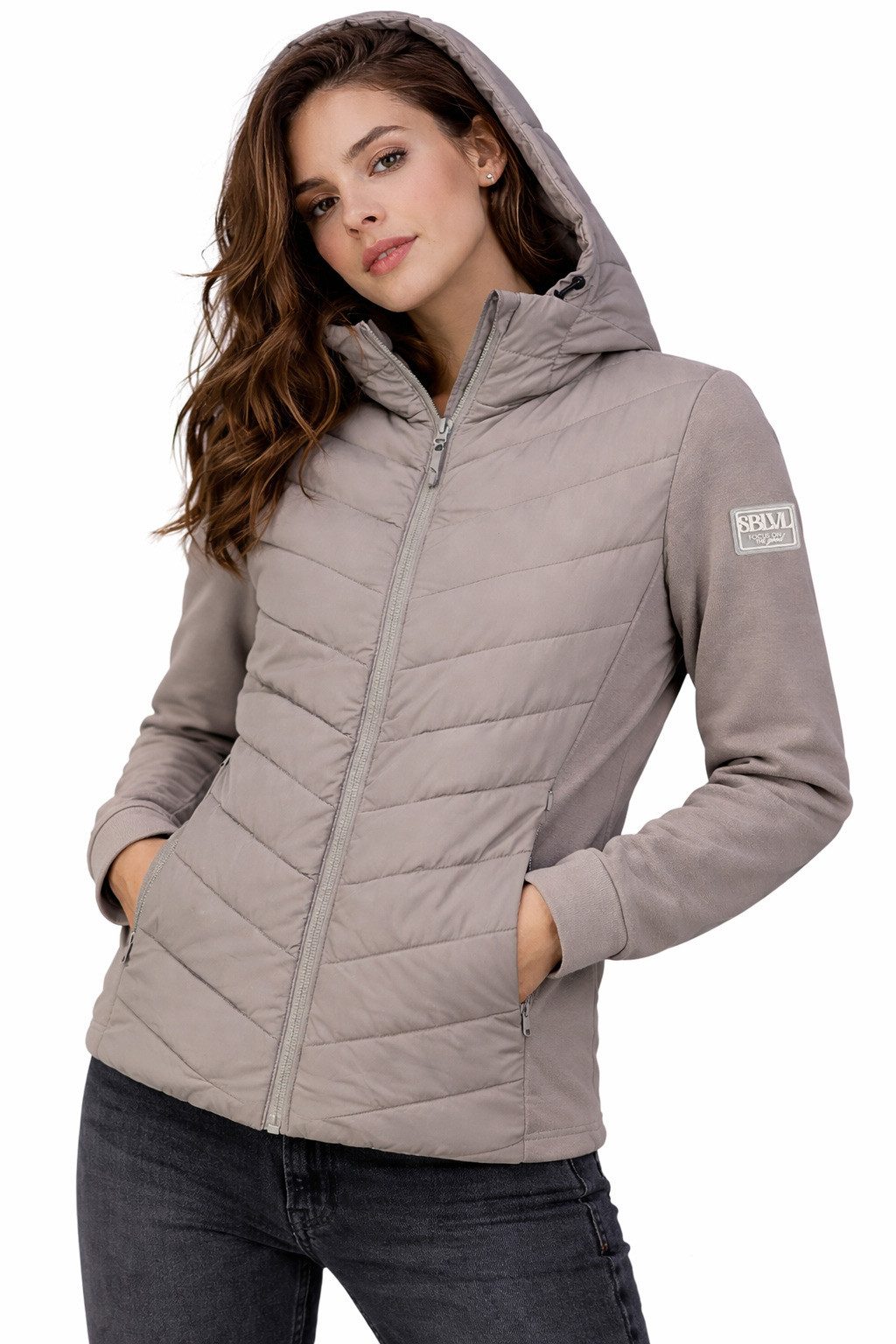 SUBLEVEL Steppjacke Damen Hybrid Jacke Leichte Übergangsjacke Kapuzenjacke Gesteppte Stepp-Front & Sweat-Ärmel, Outddor