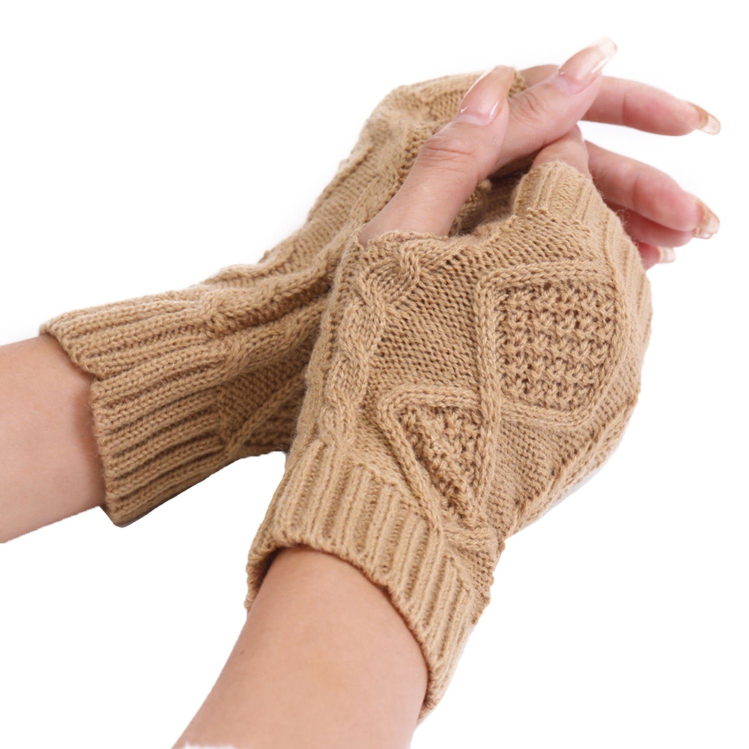 MAGICSHE Strickhandschuhe Fingerlose Gestrickte Damen Beige Winter Wärmer Handschuhe