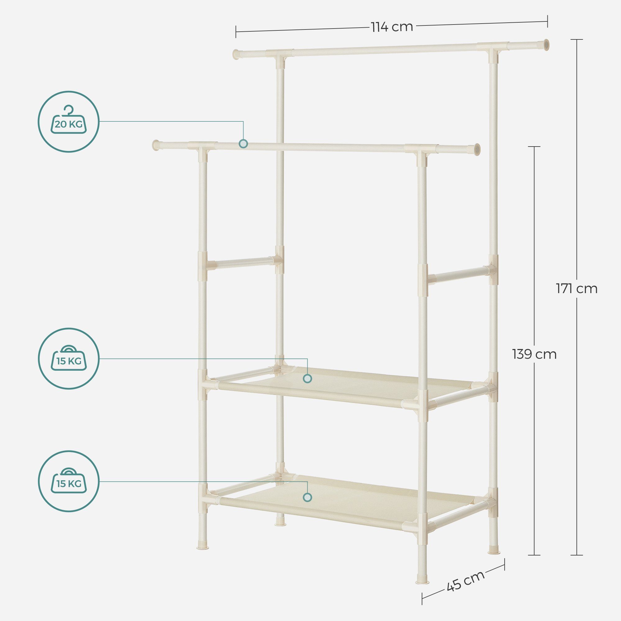 SONGMICS 2 70 Ablagen, Kleiderständer, kg Kleiderstangen, weiß 2 bis mit belastbar