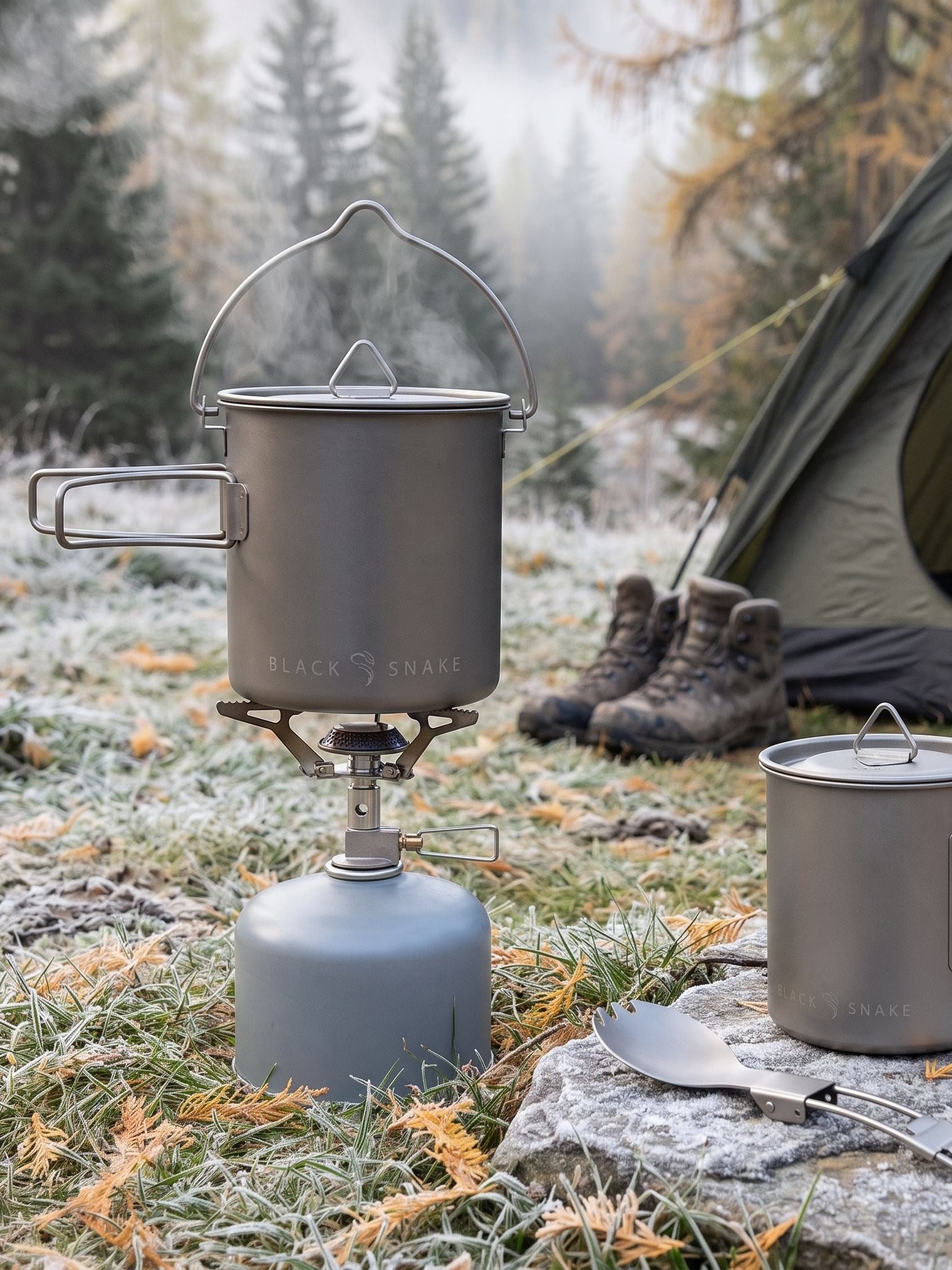 Black Snake Geschirr-Set Ultraleichtes Camping Kochgeschirr mit Topf und klappbarem Göffel (3-tlg), Titan, Rostfrei und geschmacksneutral mit Klappgriffen und M – Bild 4 von 5