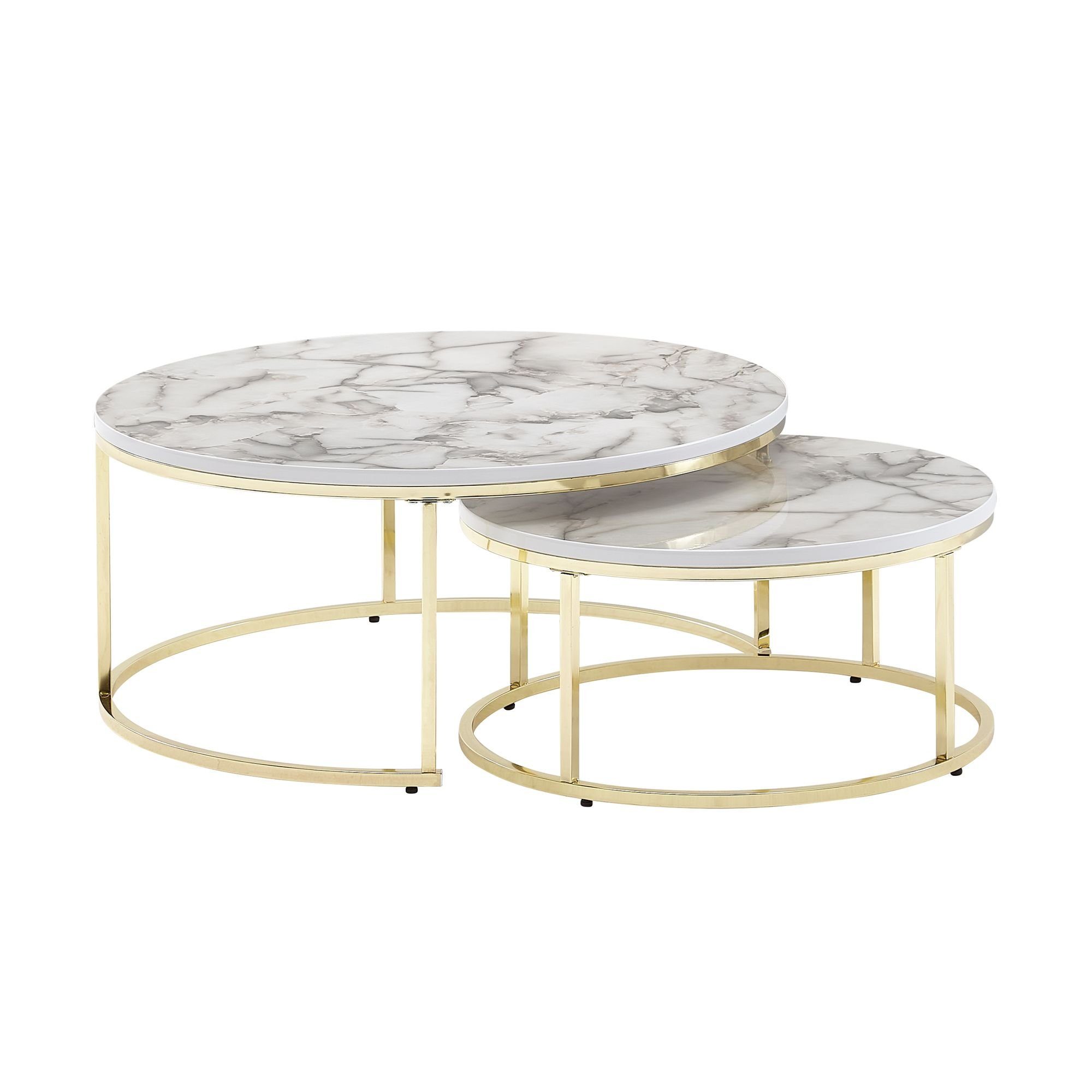 Couchtisch Couchtisch 2er Set Weiß Gold Marmor Optik Sofatisch Rund Modern