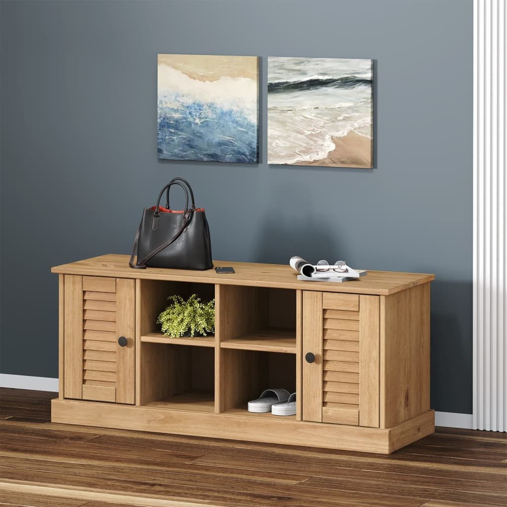 furnicato Schuhbank aus Massivholz, 106 x 35 x 45 cm, Kiefernholz, Sitzbank mit 4 Fächern, Türen und Stauraum für den Eingangsbereich