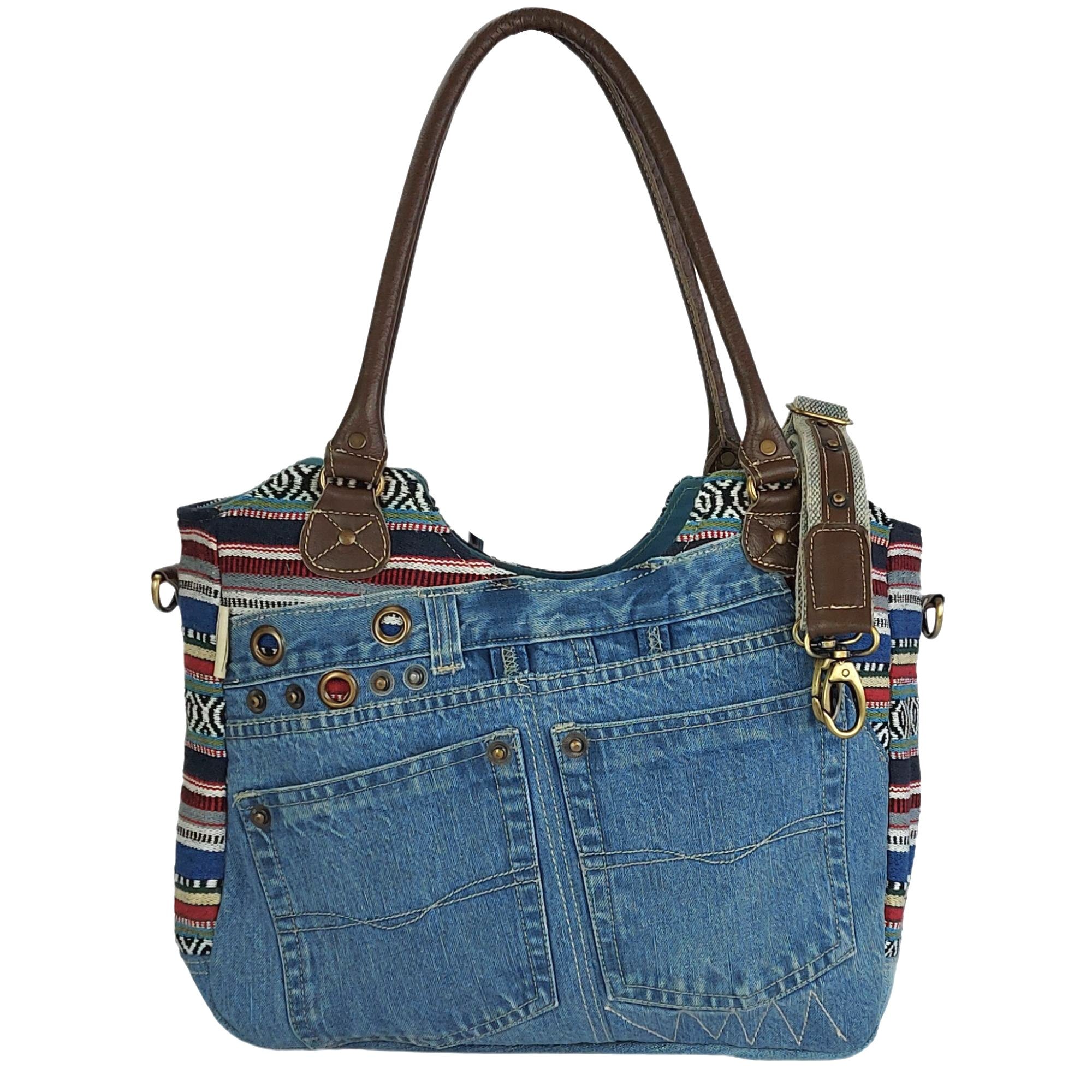 Sunsa Handtasche Schultertasche aus recycelter Jeans Shopper Umhängetasche, echt Leder, Upcycling Jeans, abnehmbare Henkel