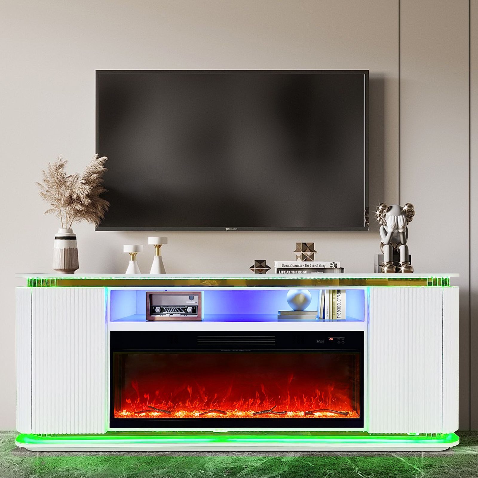 alesvelt TV-Schrank Luxus Sideboard FLAMEA Kamin Funktion LED 180cm (1-Schrank, 180X40X75H CM) LED-Kaminfunktion