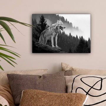 OneMillionCanvasses® Leinwandbild Wolf - Wald - Schwarz - Weiß, (1 St), Wandbild Leinwandbilder, Aufhängefertig, Wanddeko, 30x20 cm