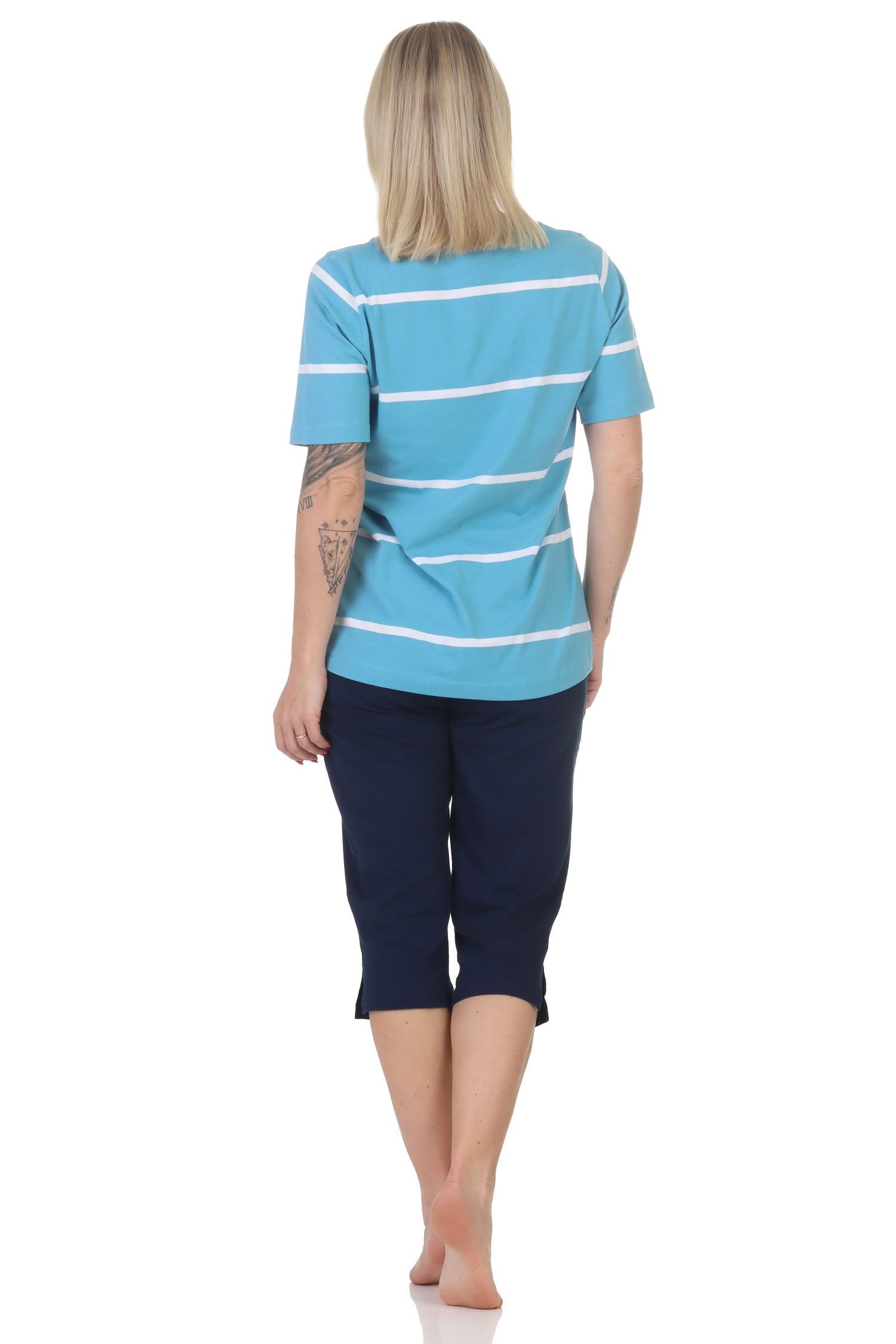 Normann Pyjama Maritimer Damen kurzarm Capri Schlafanzug mit Anker Motiv