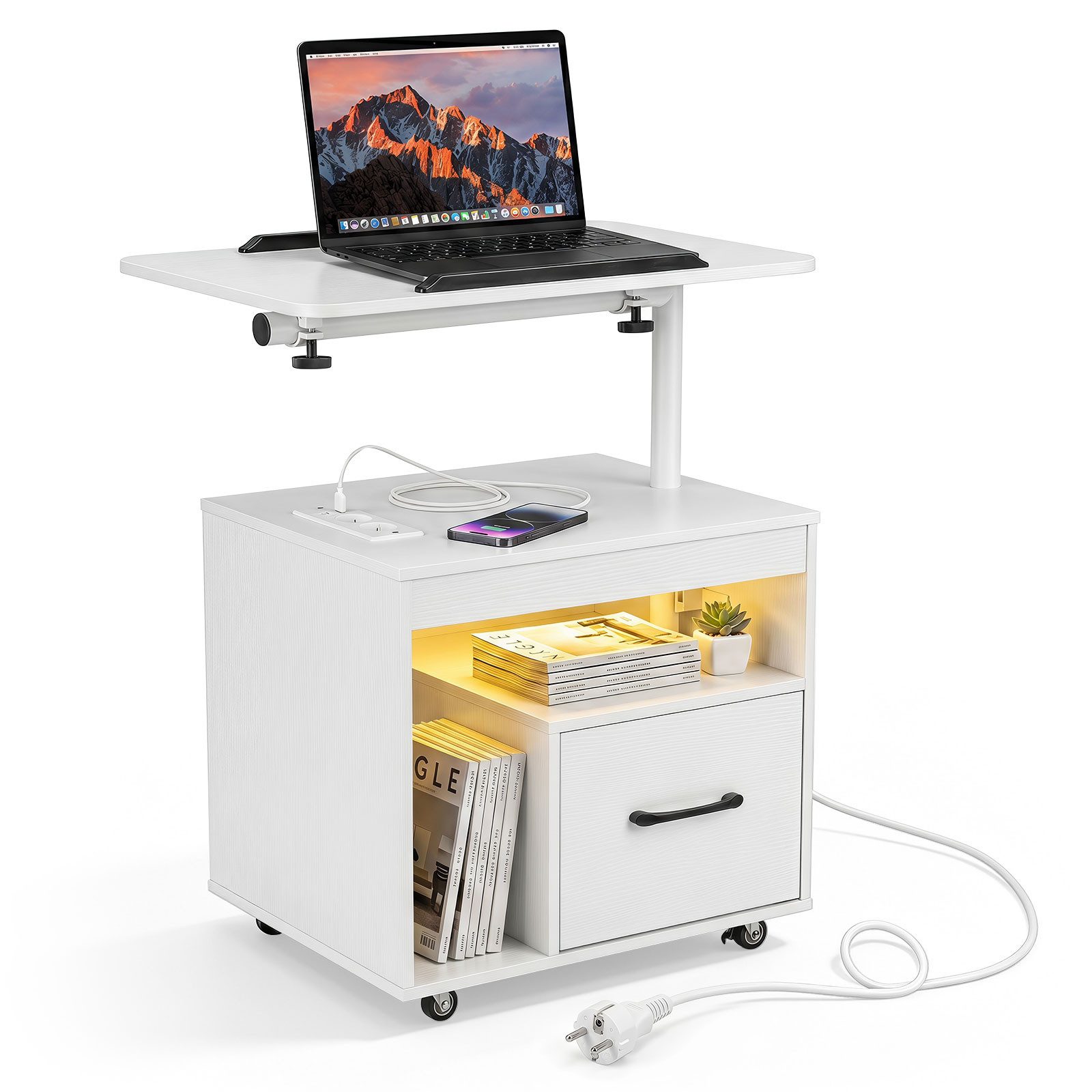 COSTWAY Nachttisch (1-St), LED Nachtschrank, Beistelltisch mit Rollen, Ladestation & Steckdosen