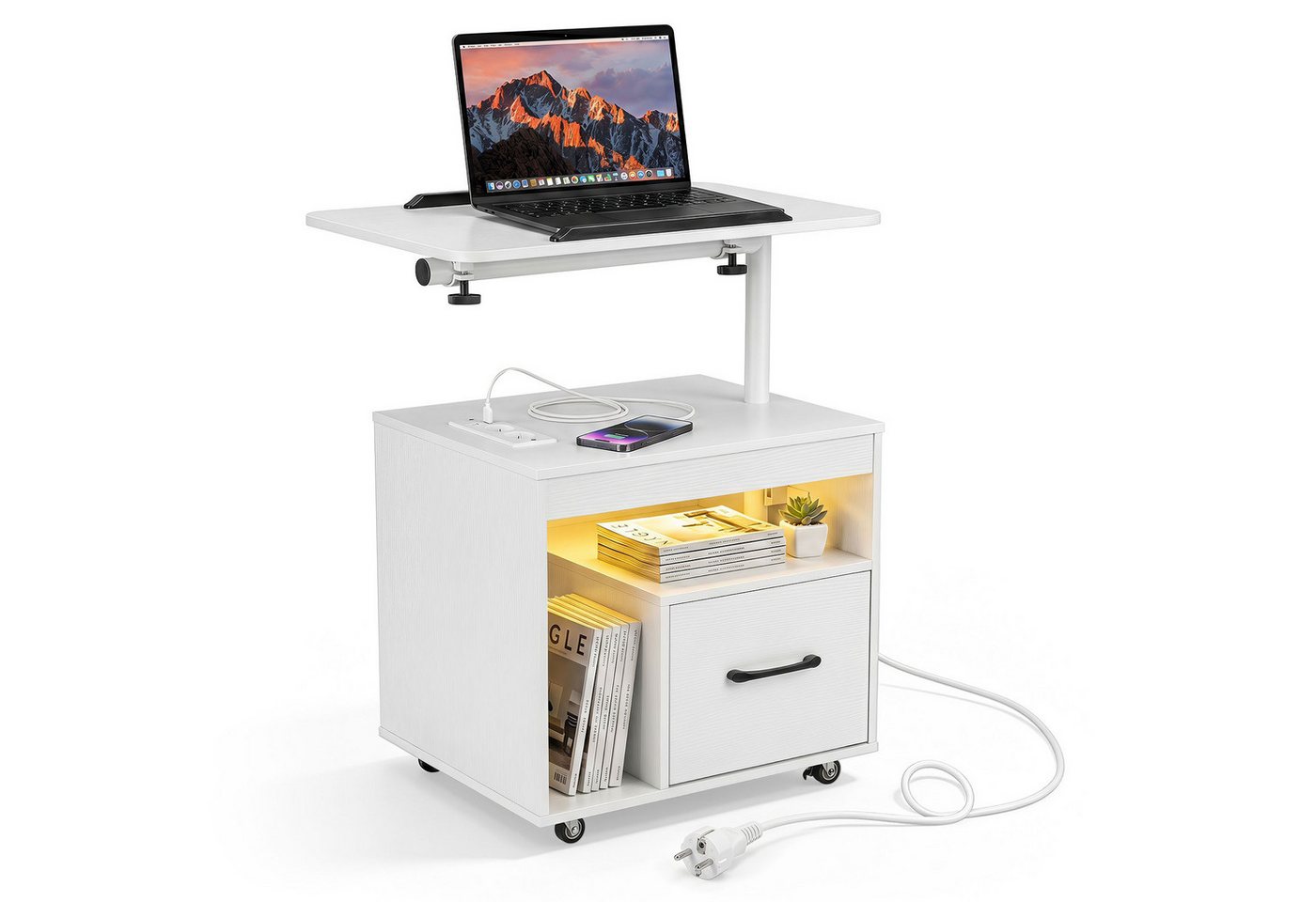 COSTWAY Nachttisch (1-St), LED Nachtschrank, Beistelltisch mit Rollen, Ladestation & Steckdosen