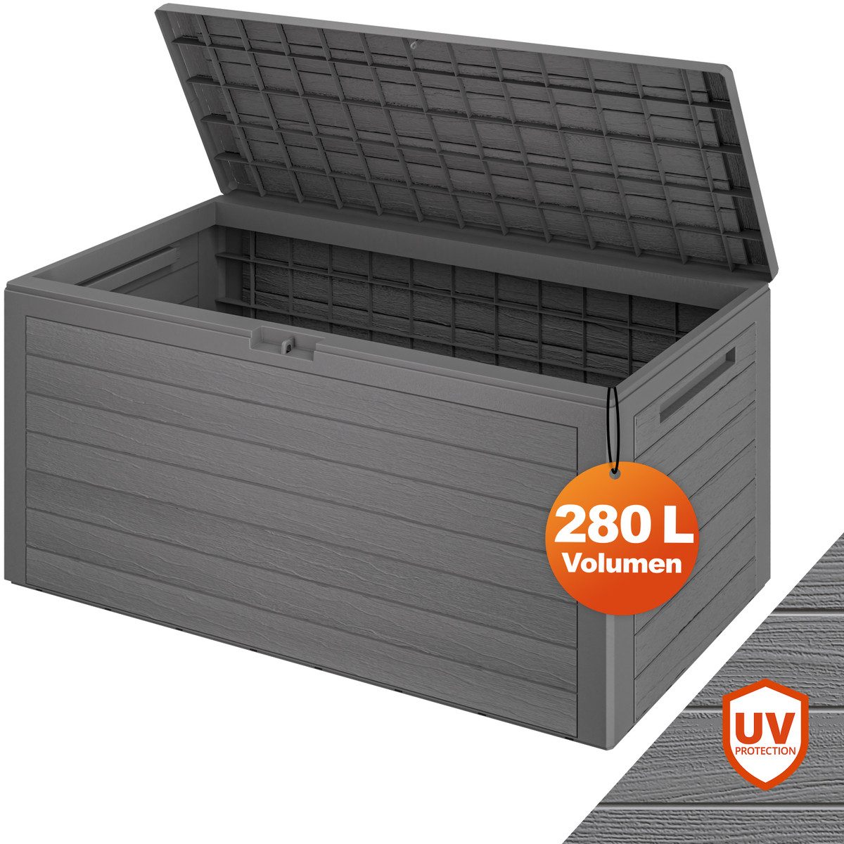 Casaria Auflagenbox Woody (1 St), 280L UV-beständig Griffmulden Verschließbar Balkon Holz-Optik Grau