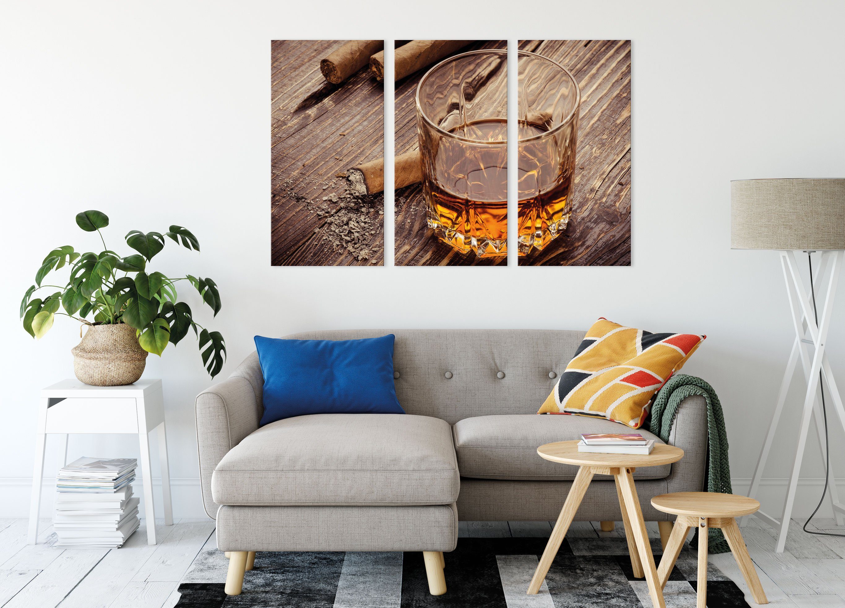 Pixxprint Leinwandbild Whiskey und Zigarren, Zackenaufhänger und Zigarren Whiskey inkl. fertig (120x80cm) Leinwandbild bespannt, (1 St), 3Teiler