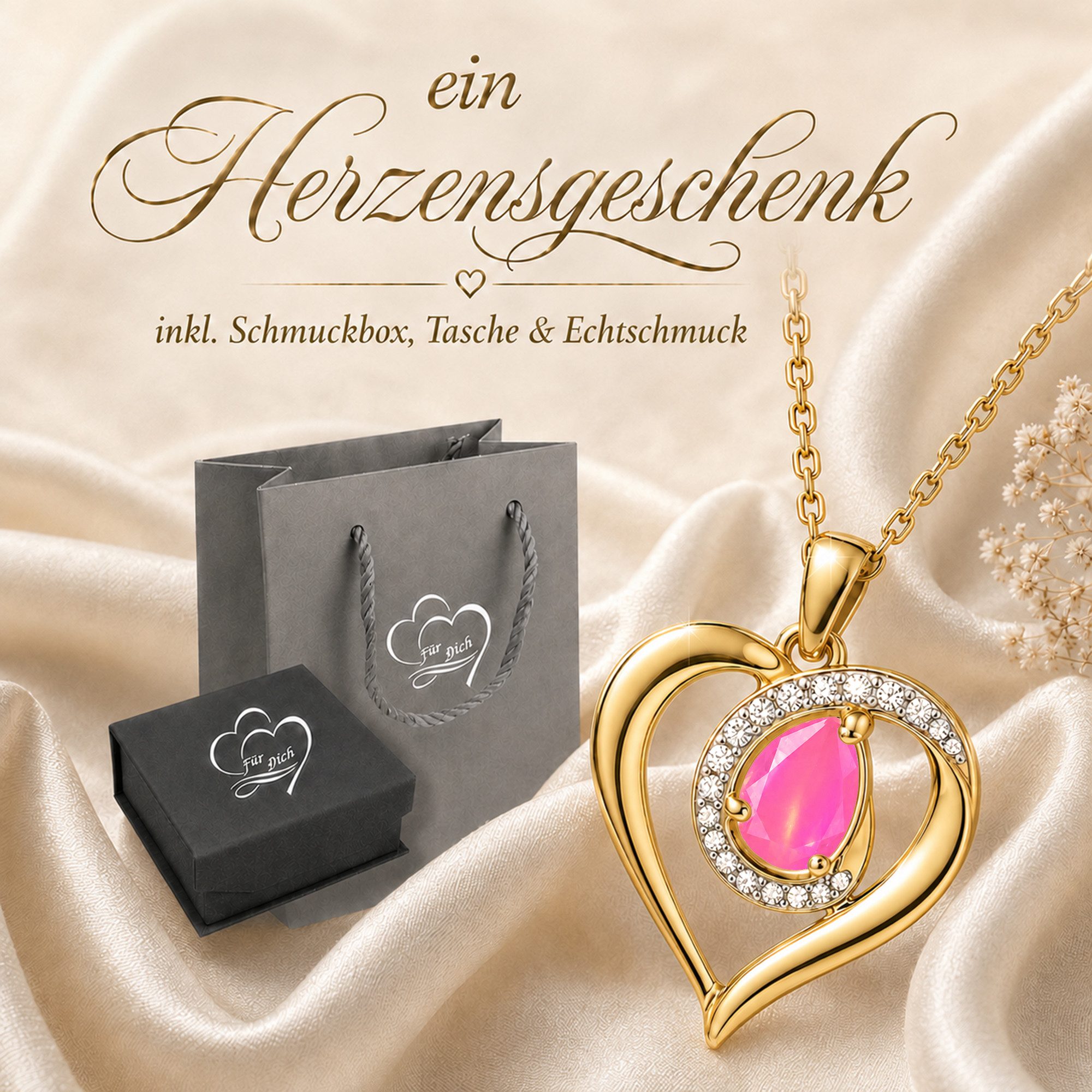 Limana Herzkette echter Edelstein Damen Kette mit Herz Anhänger 925 Silber gold (Geschenk für Frauen Freundin Schmuck inkl. Dose und Tasche), Geburtstag Weihnachten Jahrestag Hochzeitstag Valentinstag