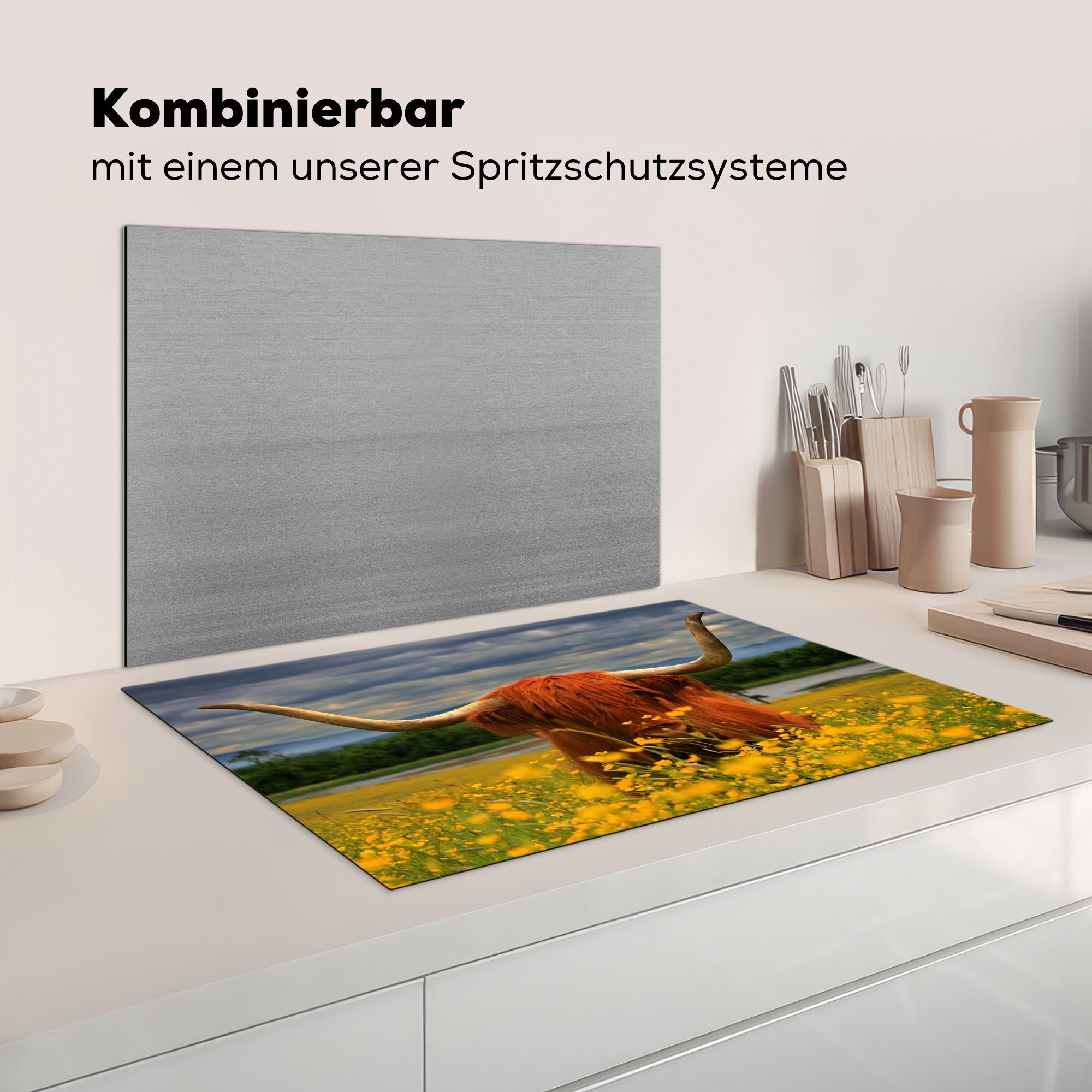 - Tiere Schottischer cm, tlg), MuchoWow küche, Ceranfeldabdeckung für Blumen, die 81x52 Herdblende-/Abdeckplatte Vinyl, Induktionskochfeld - (1 Schutz Highlander