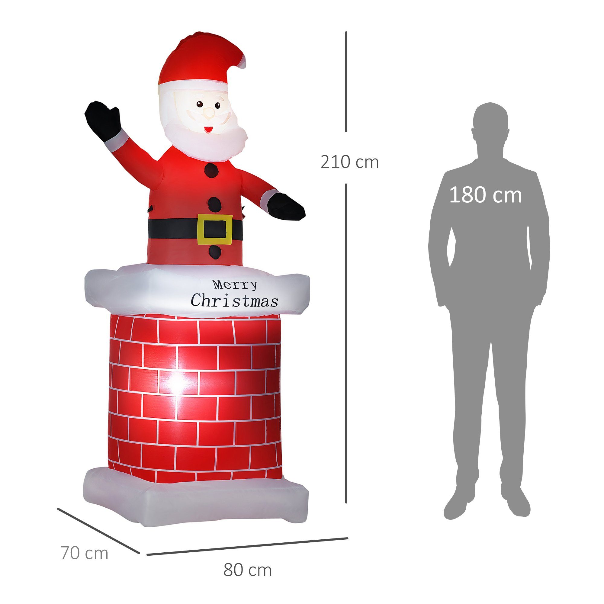 HOMCOM Weihnachtsfigur aufblasbarer Weihnachtsdeko, 2,10 m Weihnachtsmann mit Schornstein (aufblasbarer Weihnachtsmann, 1 St., Weihnachtsdekorationen), Mehrfarbig 80 x 70 x 210 cm