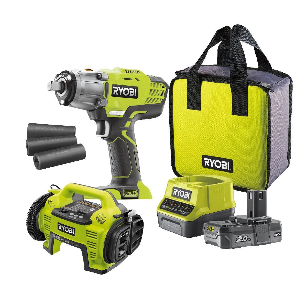 Ryobi Akku-Schlagschrauber 18 V ONE+ Reifenwechsel-Set, Akku Kompressor, 2,0 Ah Akku & Ladegerät, 400,00 Nm, (4-tlg)