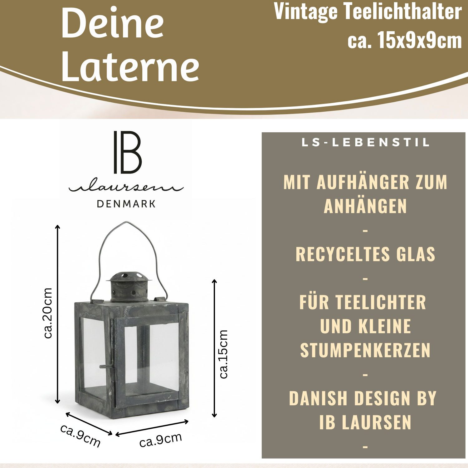 LS-LebenStil Teelichthalter IB Laursen Vintage Laterne Windlicht 15cm Metall Grau Teelicht (Windlicht zum Aufhängen für Teelichter und kleine Stumpenkerze, 1 St., Halter Kerzenständer Tischdeko Kerzenhalter Gläser für Teelichter), Deko Hochzeit Ostern Weihnachten Konfirmation