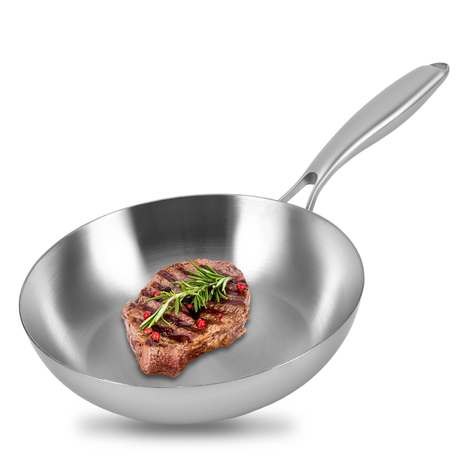 BlingBin Bratpfanne Unbeschichtet Edelstahl Pfanne, Induktions Pfanne, Bratpfannenset, Edelstahl 316 (1er Set, 1-tlg., Produktabmessungen: 44*22*5.4cm), Hocheffiziente und Energieeffiziente Pfannen für Steak, Ei, 22cm