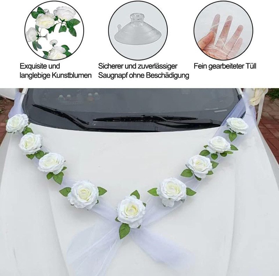 Kunstblume Kunstblumenstrauß Autoschmuck Hochzeit Motorhaube Weiß, Minicloss, Hochzeit Auto Wedding Deko Girlande für Hochzeit Party